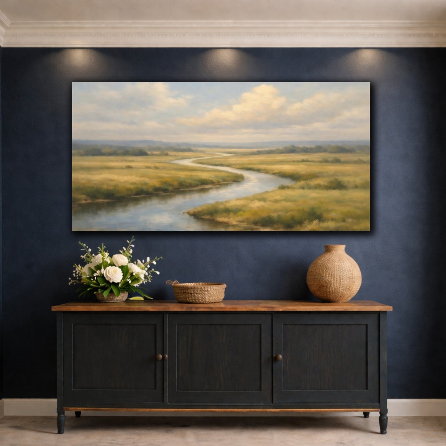 Mockup 4. Nature Winding River Green Gold River shown as stretched canvas wall art