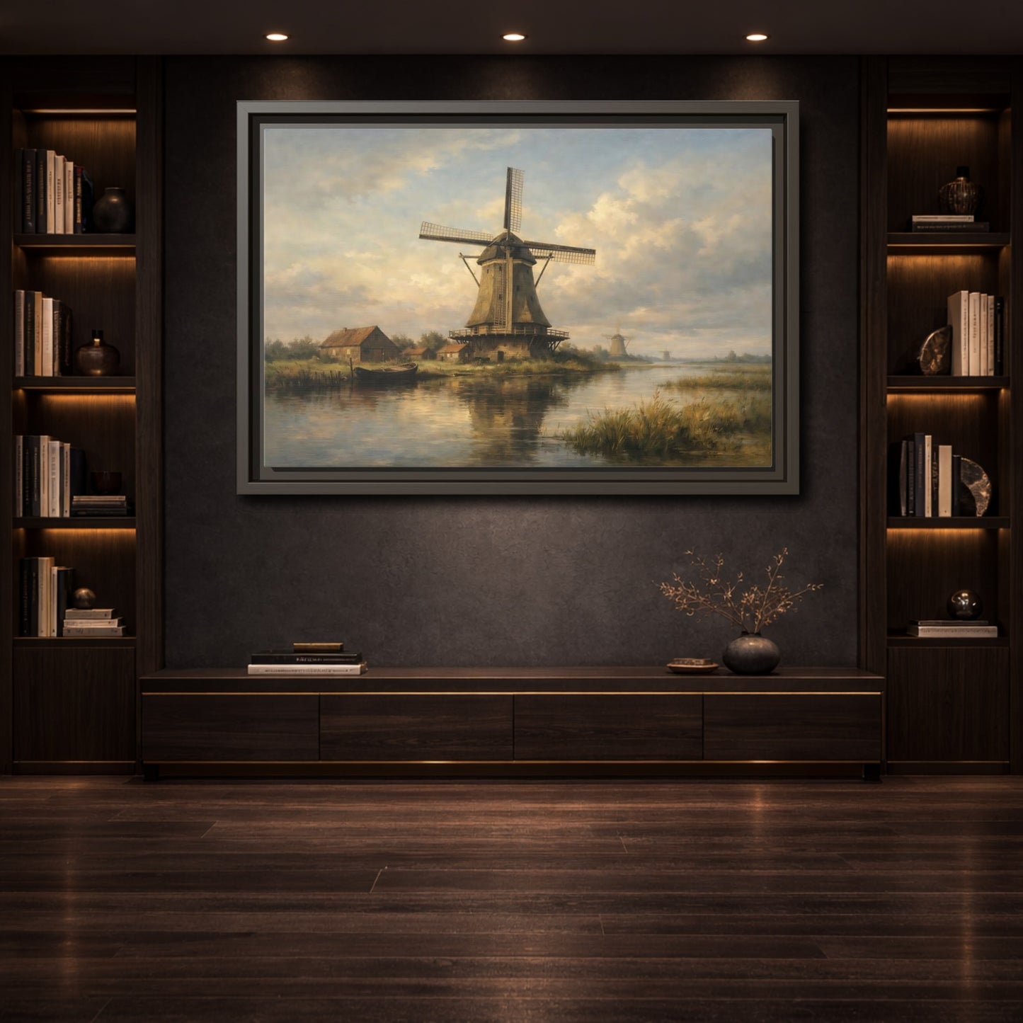 Mockup 3. Nature Windmill Dutch Windmill Scene shown as stretched canvas wall art