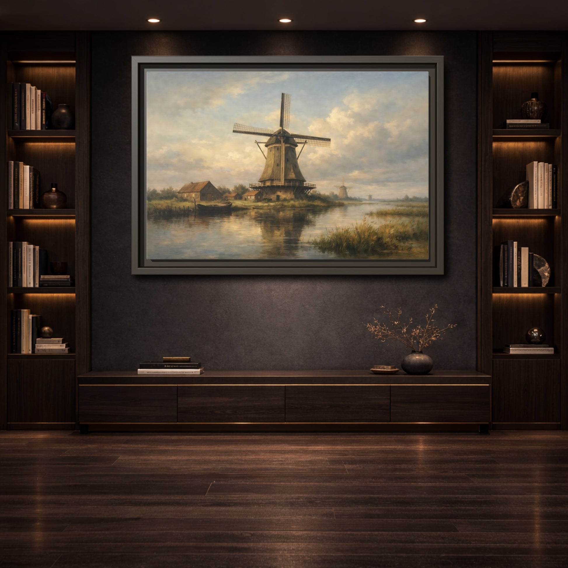 Mockup 3. Nature Windmill Dutch Windmill Scene shown as stretched canvas wall art