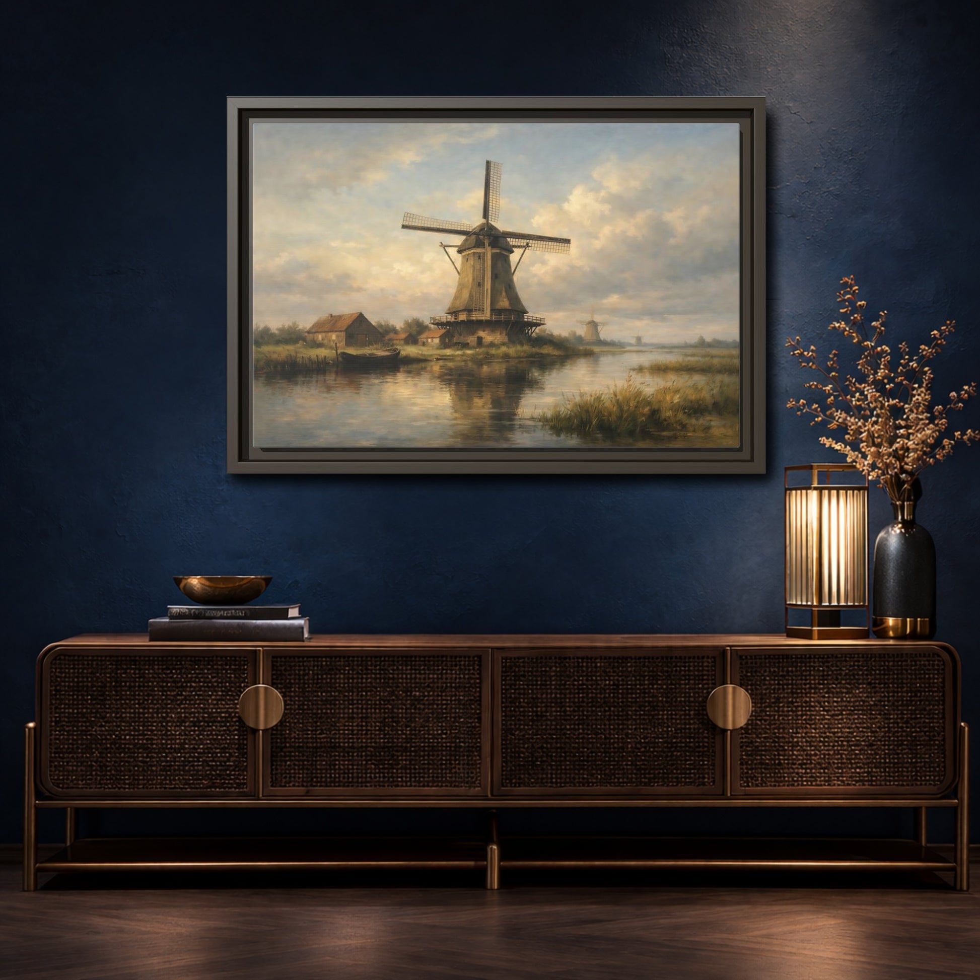 Mockup 4. Nature Windmill Dutch Windmill Scene shown as stretched canvas wall art