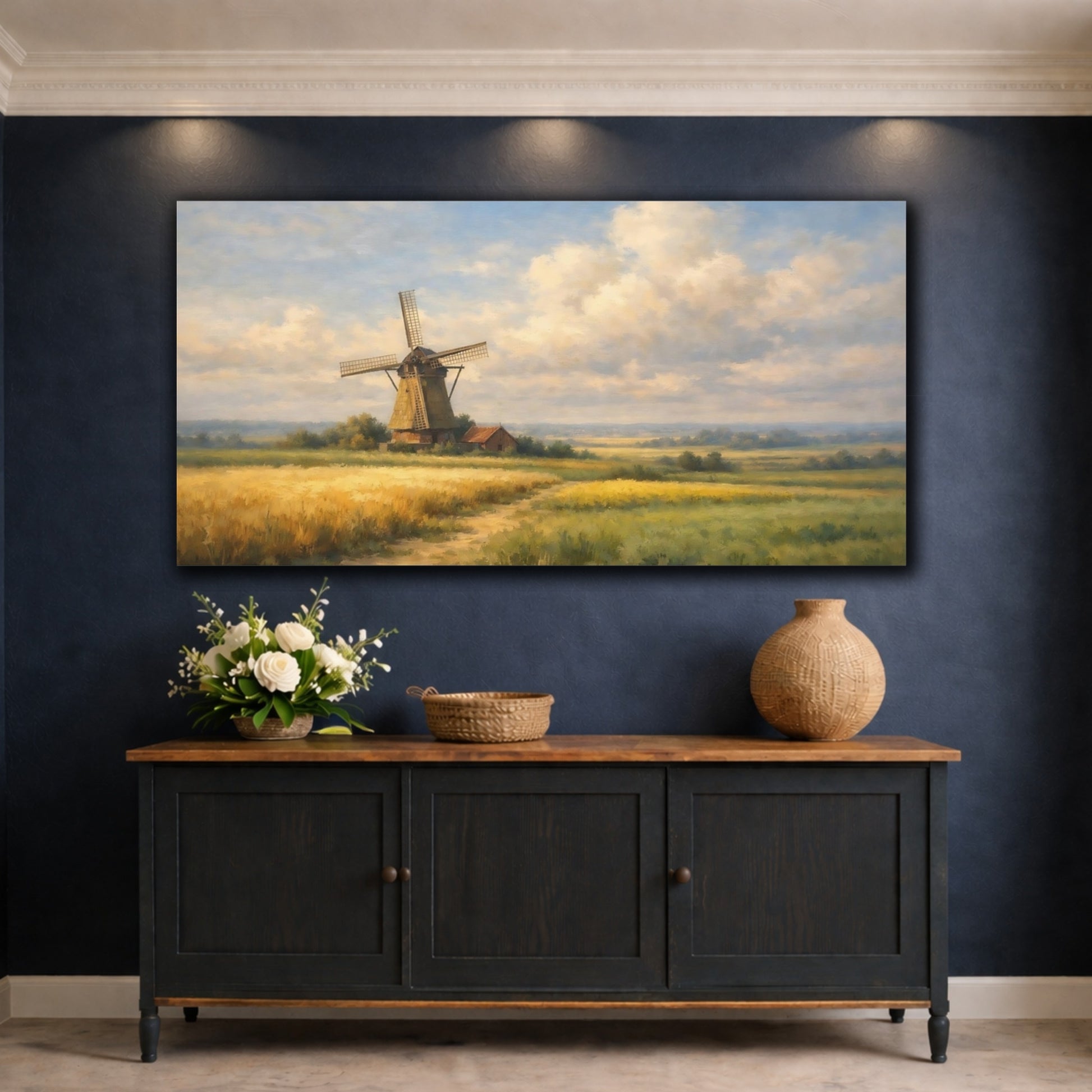 Mockup 4. Nature Windmill Windmill Golden Field shown as stretched canvas wall art