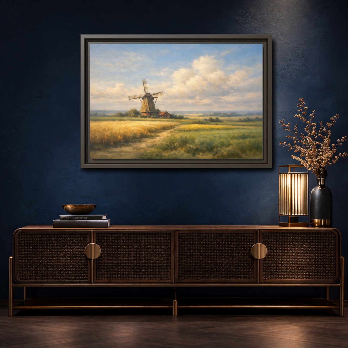 Mockup 4. Nature Windmill Windmill Landscape shown as stretched canvas wall art