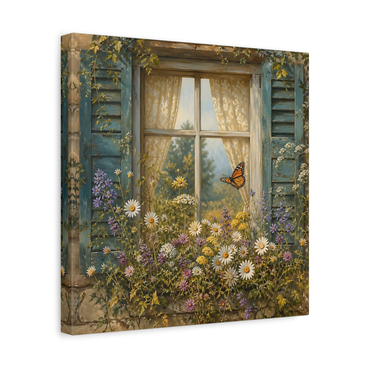 Side Mockup 7. Nature Window Flowers Colorful Window Floral shown as stretched canvas wall art