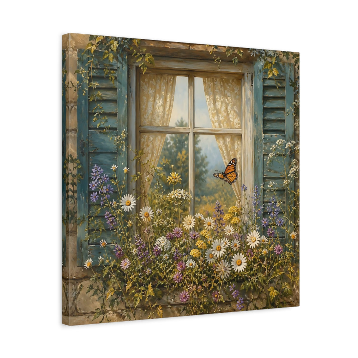Side Mockup 5. Nature Window Flowers Colorful Window Floral shown as stretched canvas wall art