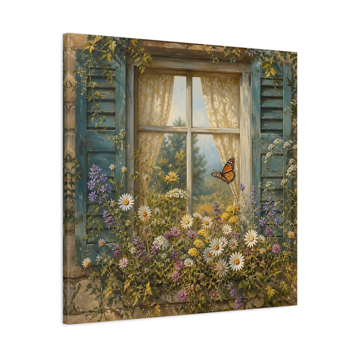 Side Mockup 3. Nature Window Flowers Colorful Window Floral shown as stretched canvas wall art