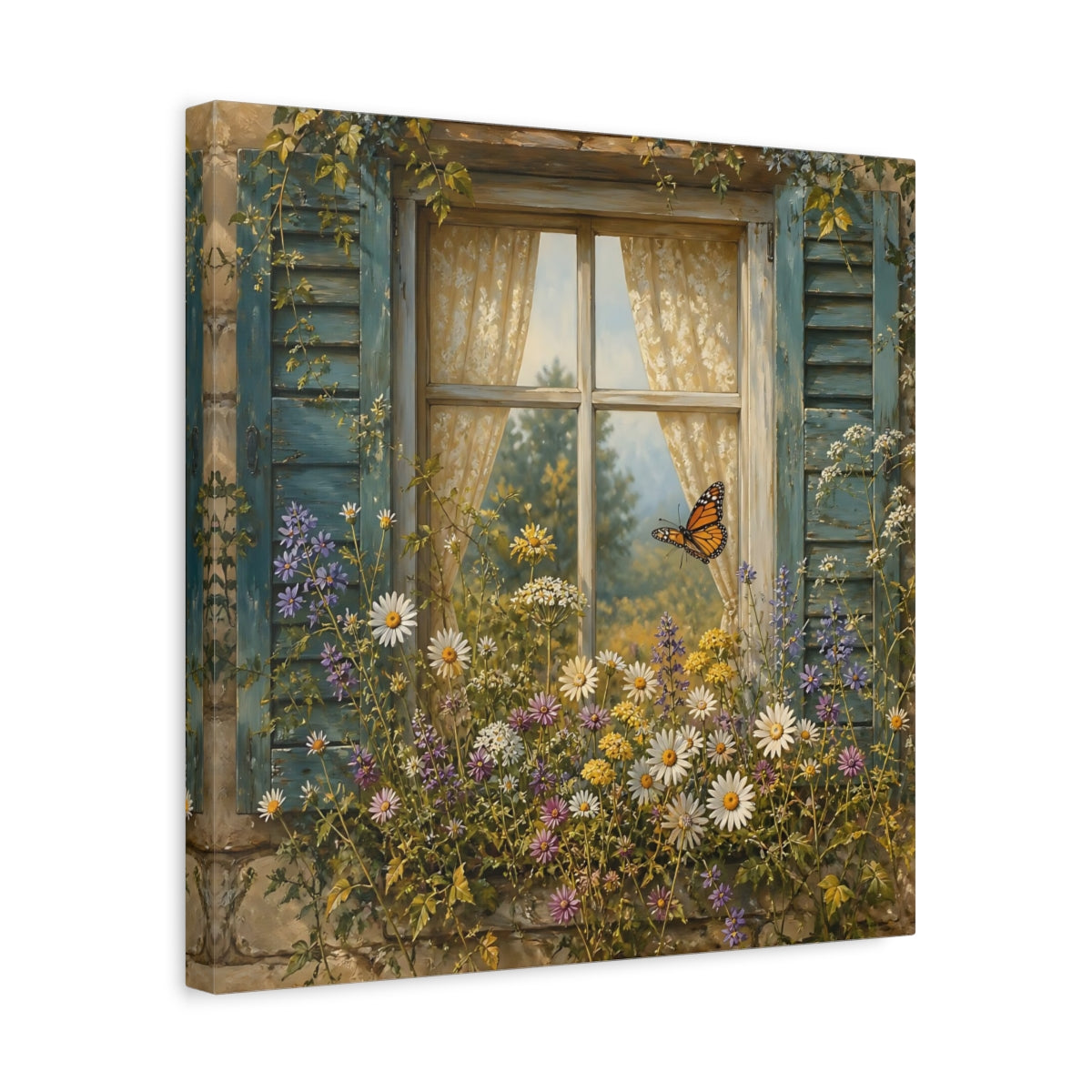 Side Mockup 6. Nature Window Flowers Colorful Window Floral shown as stretched canvas wall art