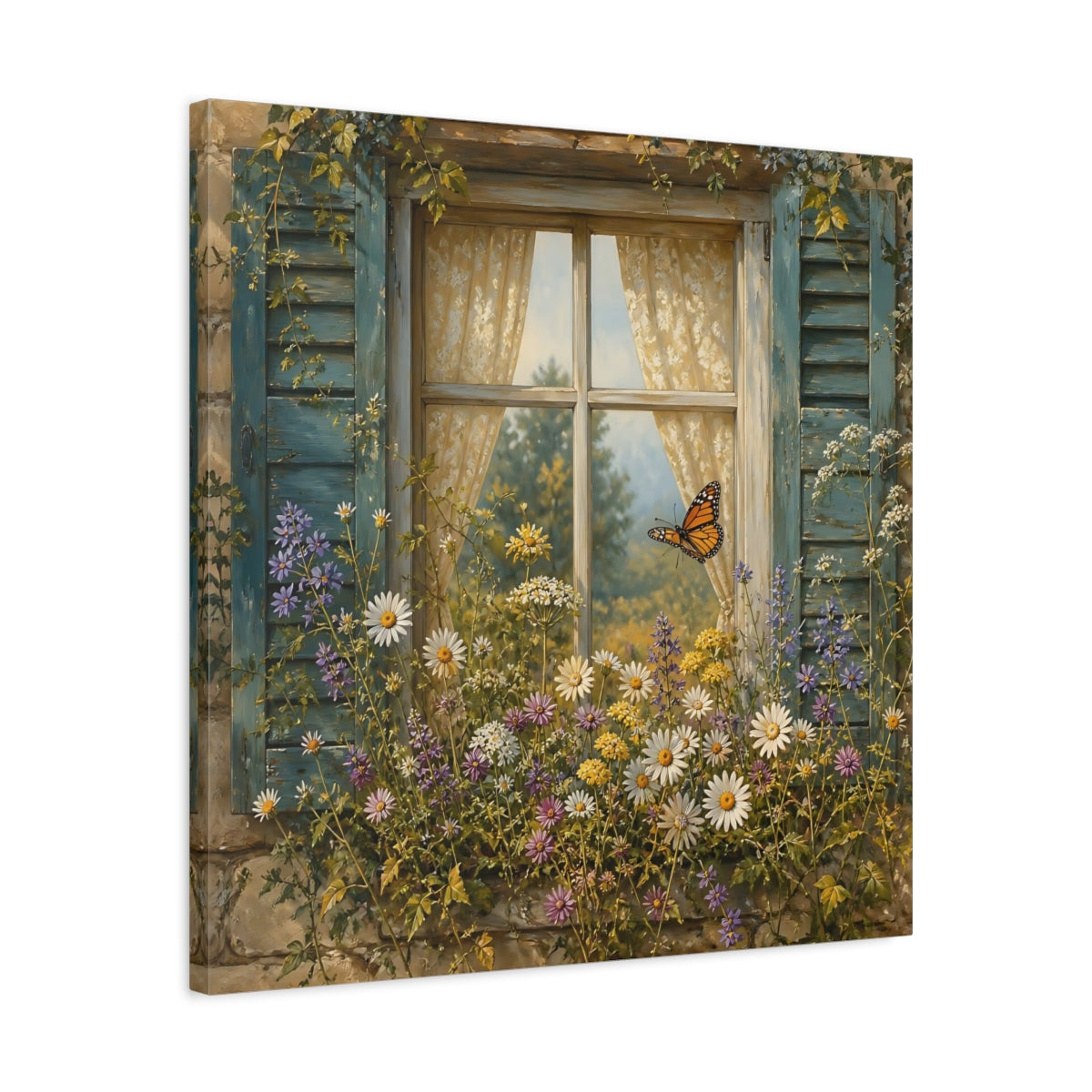 Side Mockup 4. Nature Window Flowers Colorful Window Floral shown as stretched canvas wall art