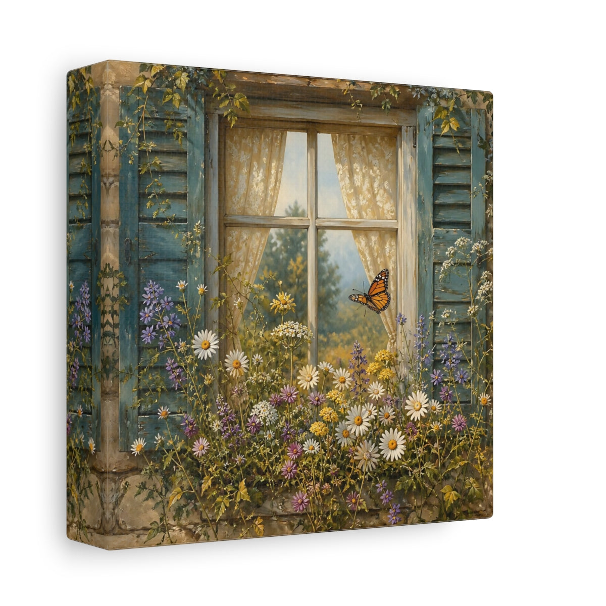 Side Mockup 2. Nature Window Flowers Colorful Window Floral shown as stretched canvas wall art