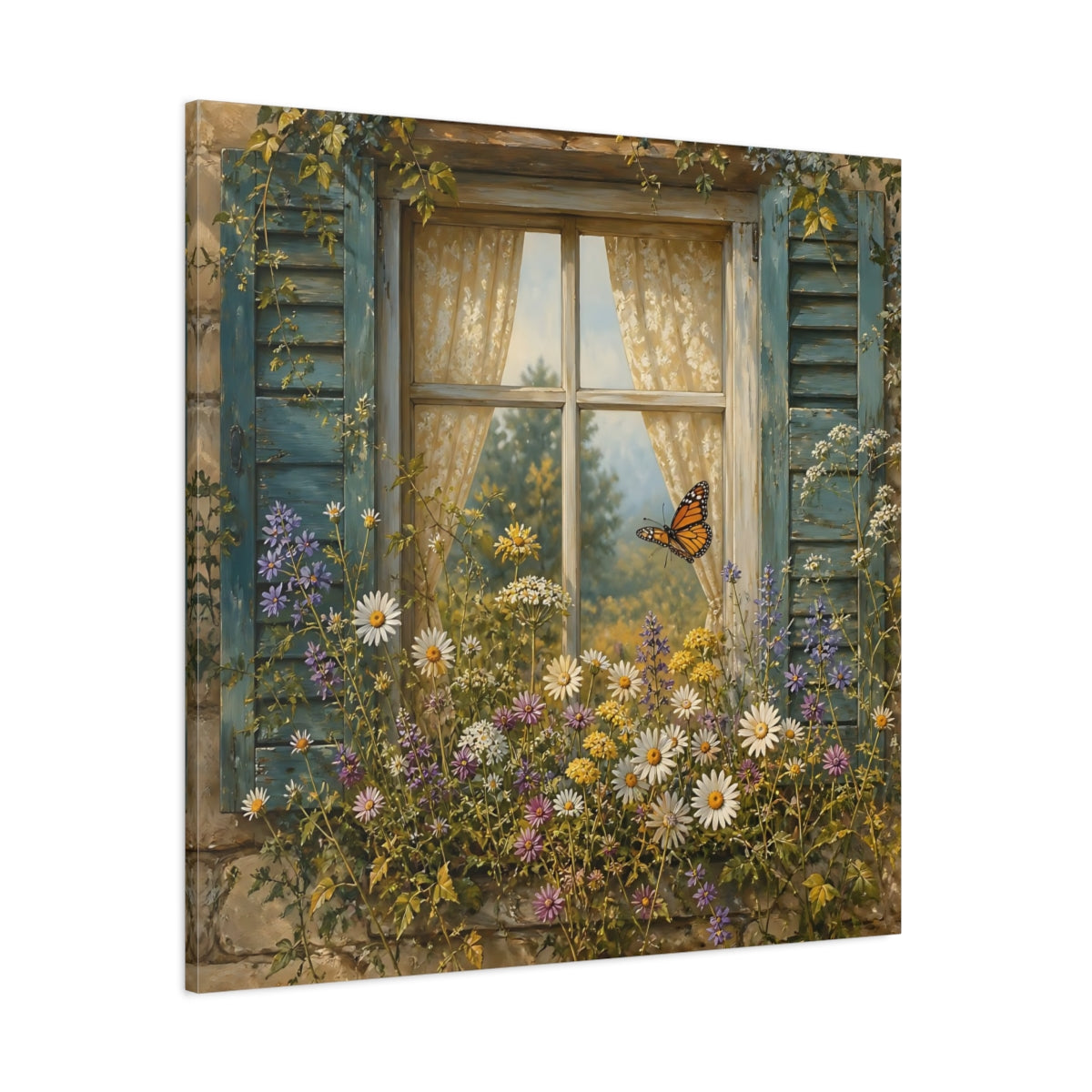 Side Mockup 1. Nature Window Flowers Colorful Window Floral shown as stretched canvas wall art
