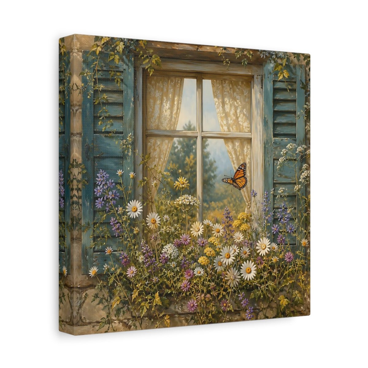 Side Mockup 9. Nature Window Flowers Colorful Window Floral shown as stretched canvas wall art