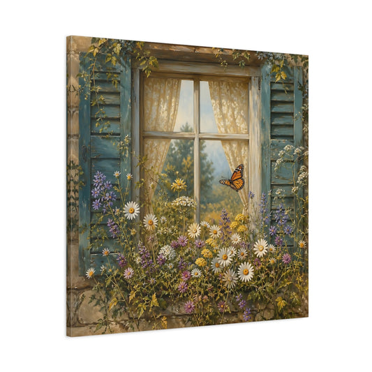 Main Mockup. Nature Window Flowers Colorful Window Floral shown as stretched canvas wall art