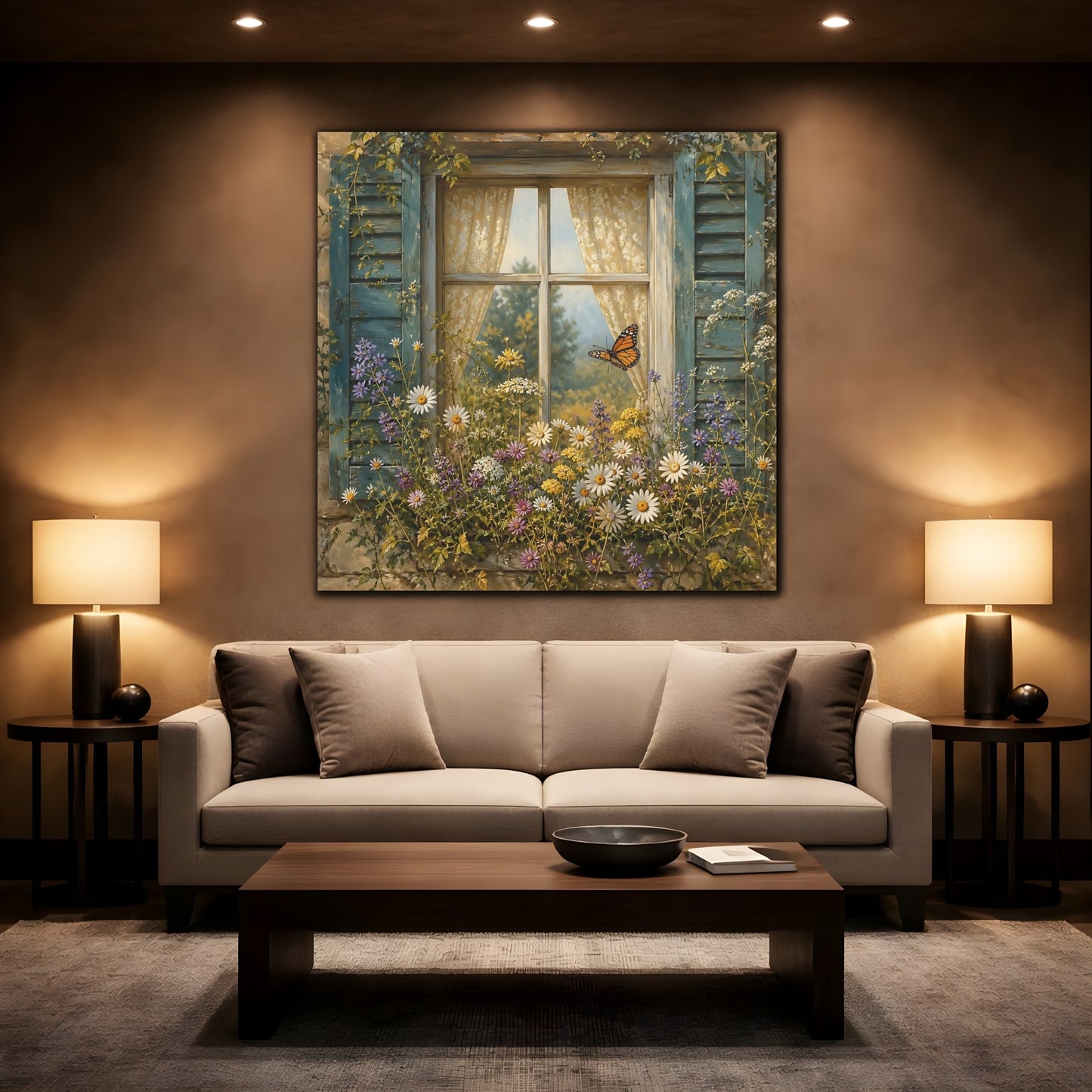 Mockup 2. Nature Window Flowers Colorful Window Floral shown as stretched canvas wall art