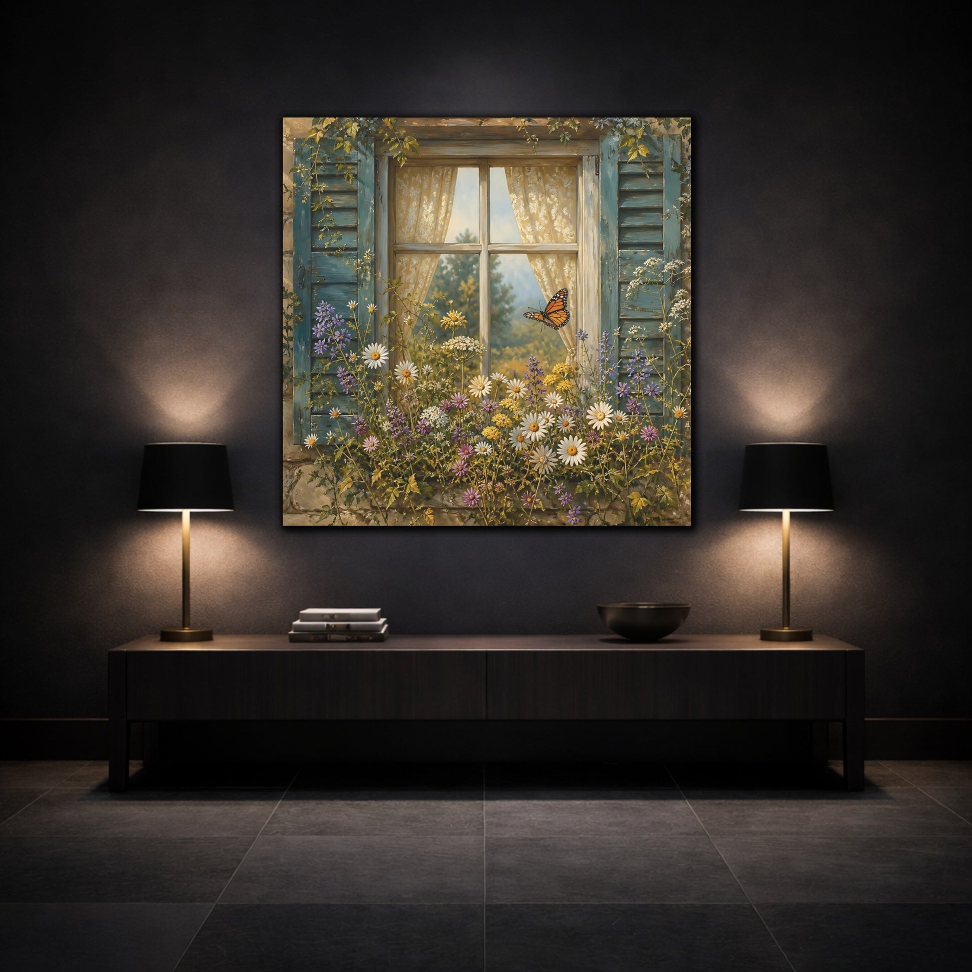 Mockup 3. Nature Window Flowers Colorful Window Floral shown as stretched canvas wall art