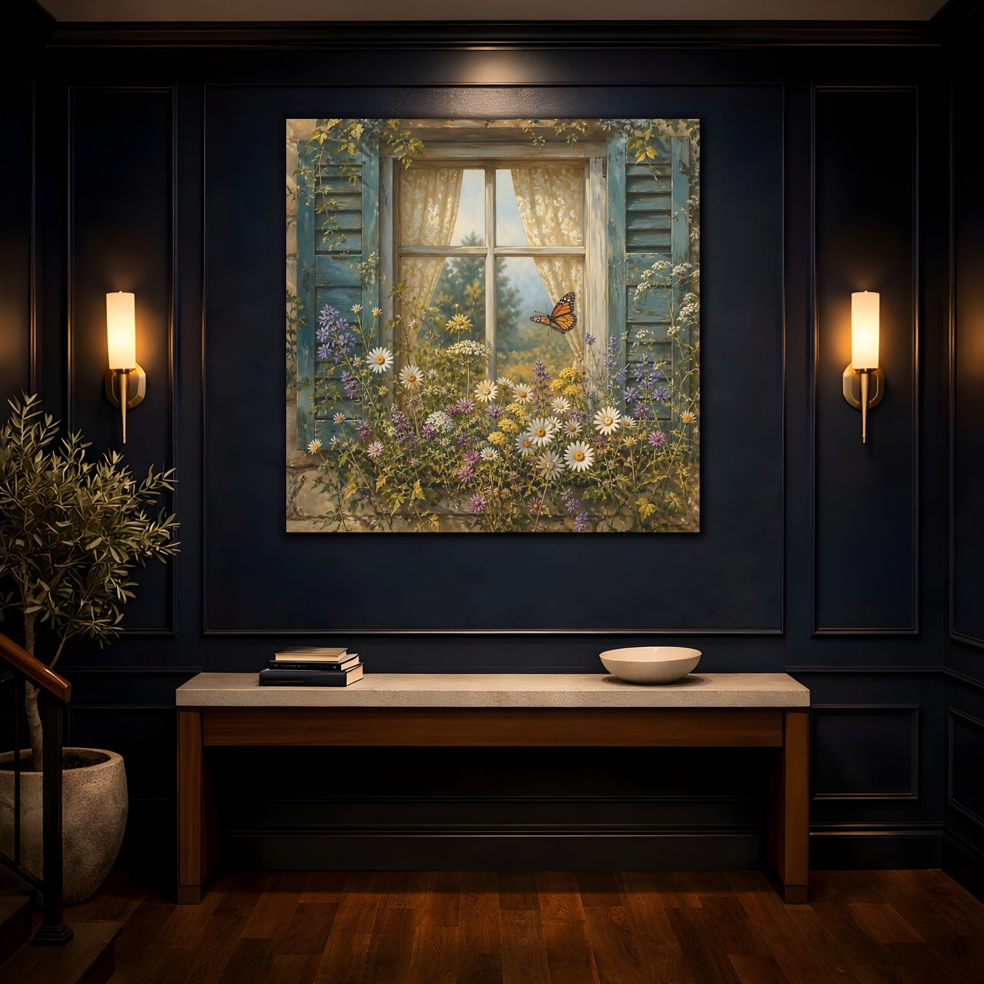Mockup 4. Nature Window Flowers Colorful Window Floral shown as stretched canvas wall art