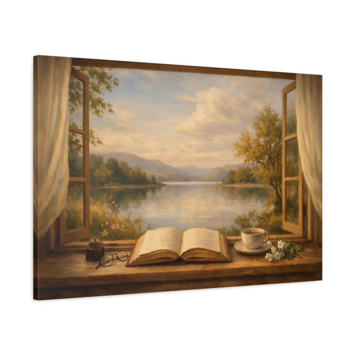 Side Mockup 1. Nature Window View Cozy Window View shown as stretched canvas wall art