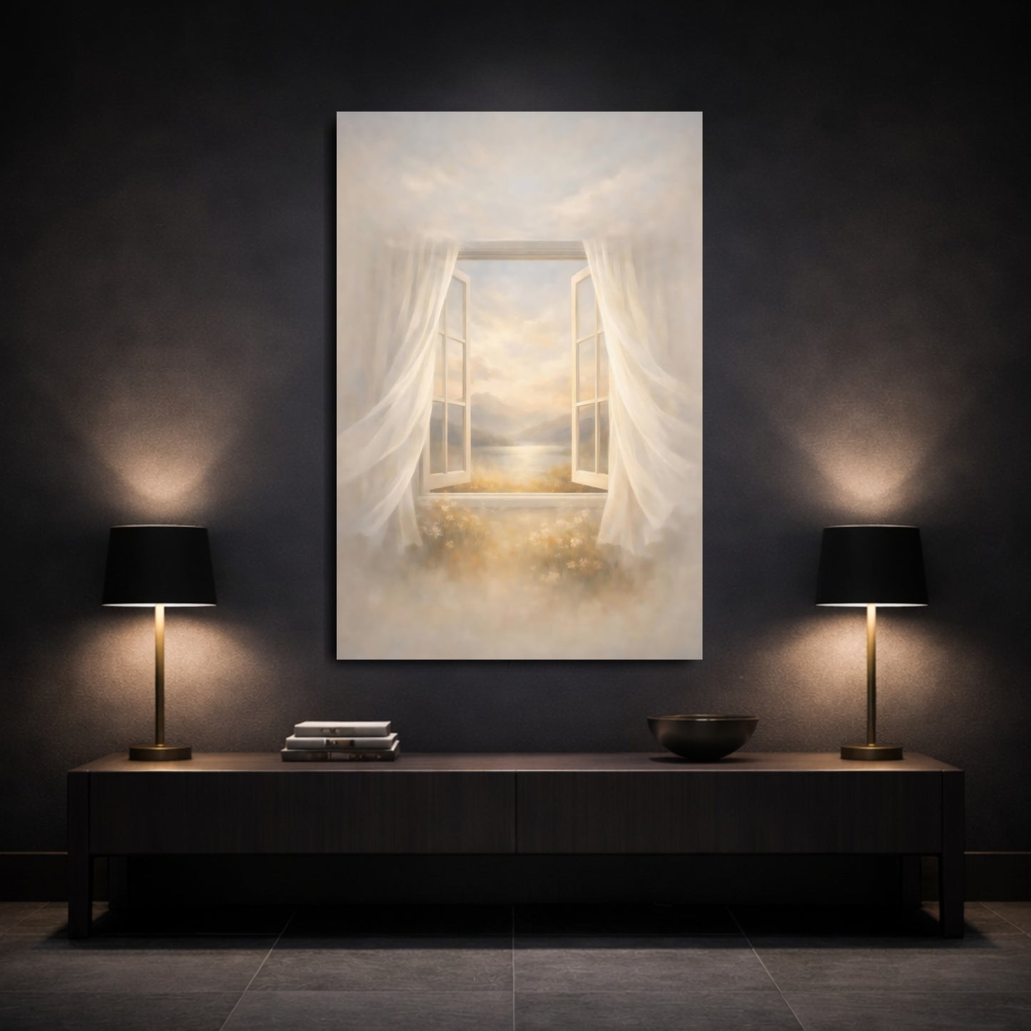 Nature Window View Golden Window View shown as front canvas room wall art