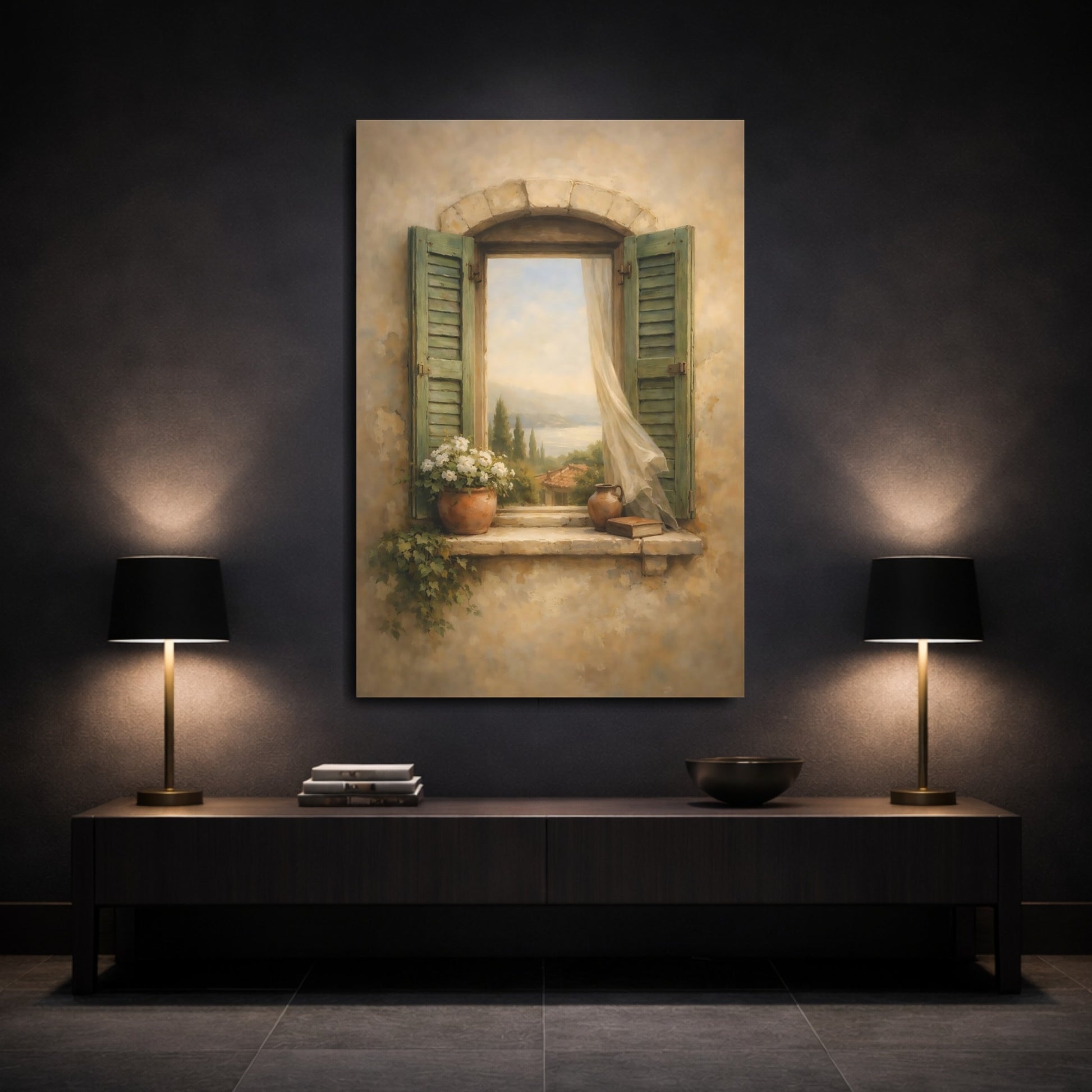Mockup 2. Nature Window View Mediterranean Window shown as stretched canvas wall art