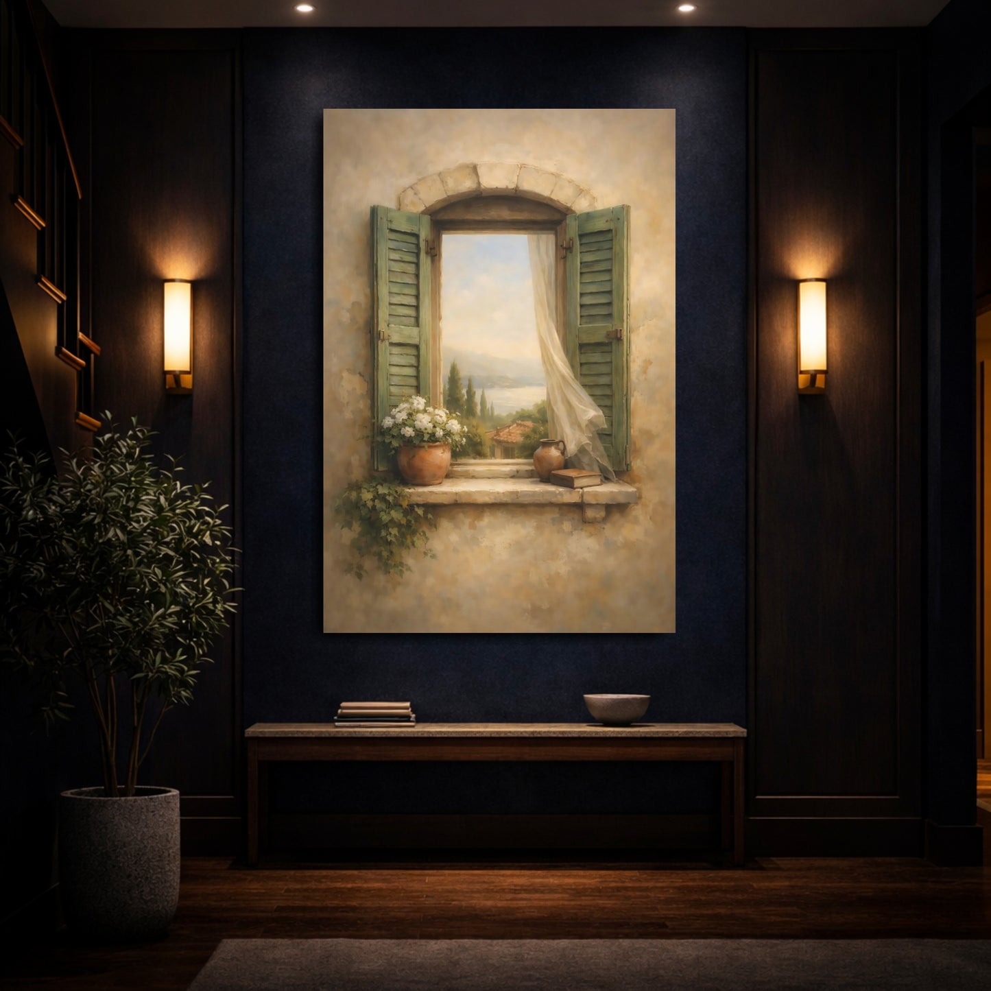 Mockup 3. Nature Window View Mediterranean Window shown as stretched canvas wall art
