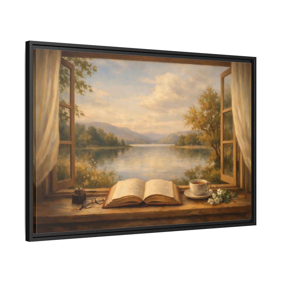 Side Mockup 13. Nature Window View Warm Lakeside shown as stretched canvas wall art