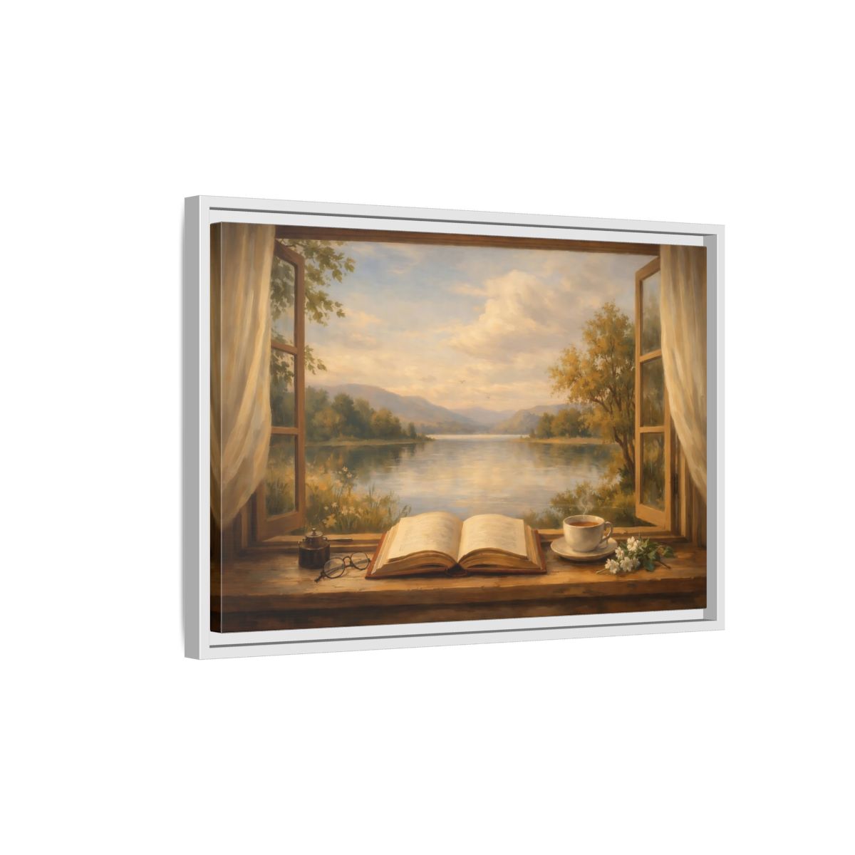Side Mockup 1. Nature Window View Warm Lakeside shown as stretched canvas wall art