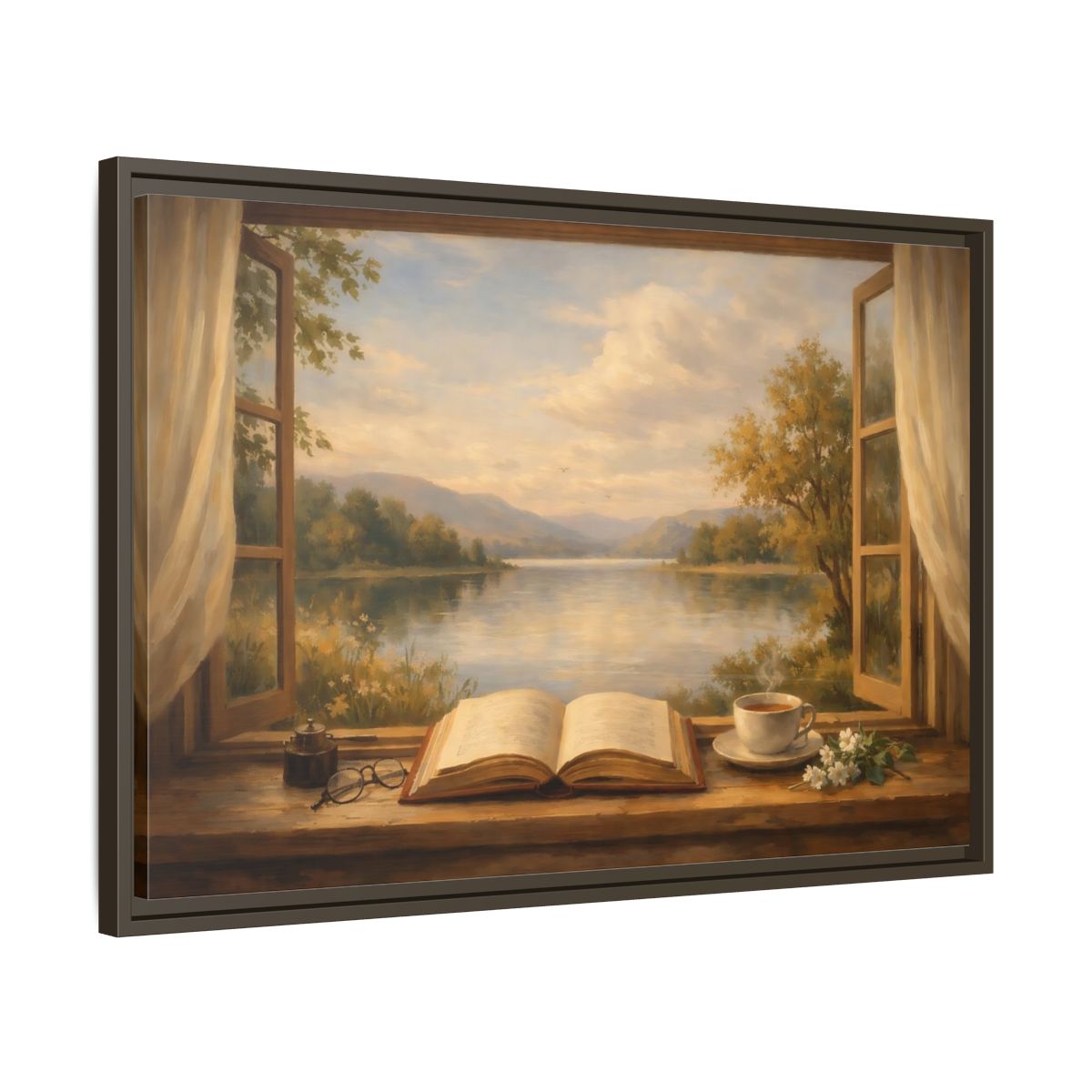Side Mockup 11. Nature Window View Warm Lakeside shown as stretched canvas wall art