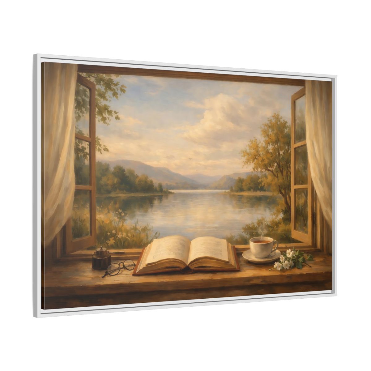 Side Mockup 7. Nature Window View Warm Lakeside shown as stretched canvas wall art