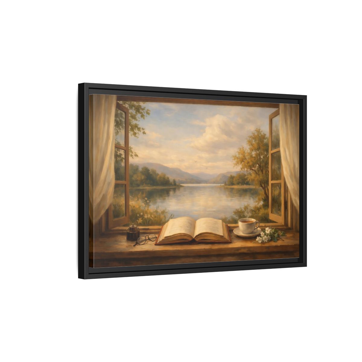 Side Mockup 3. Nature Window View Warm Lakeside shown as stretched canvas wall art