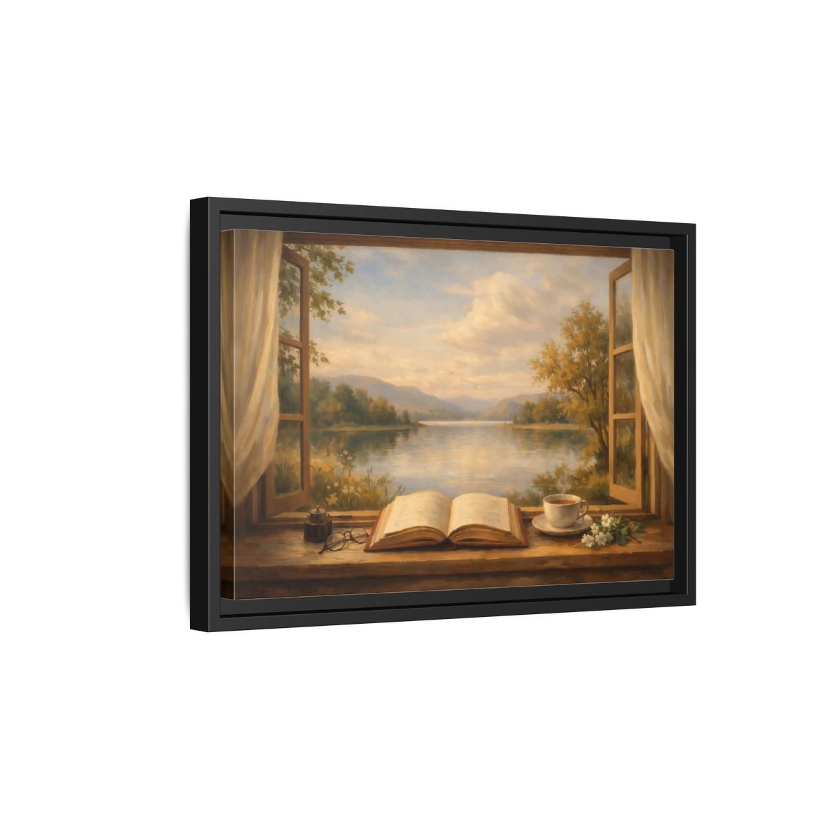 Side Mockup 6. Nature Window View Warm Lakeside shown as stretched canvas wall art