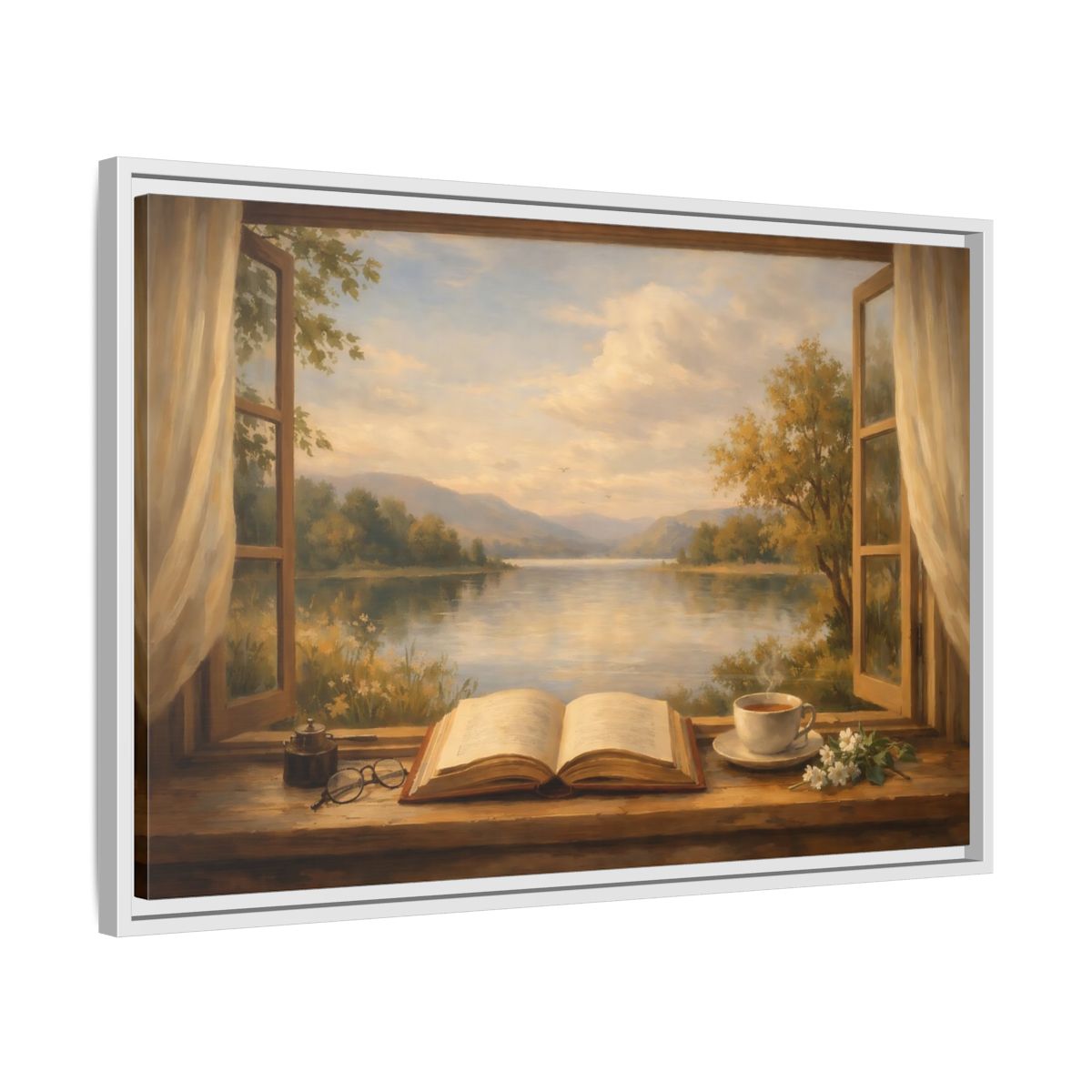 Side Mockup 10. Nature Window View Warm Lakeside shown as stretched canvas wall art