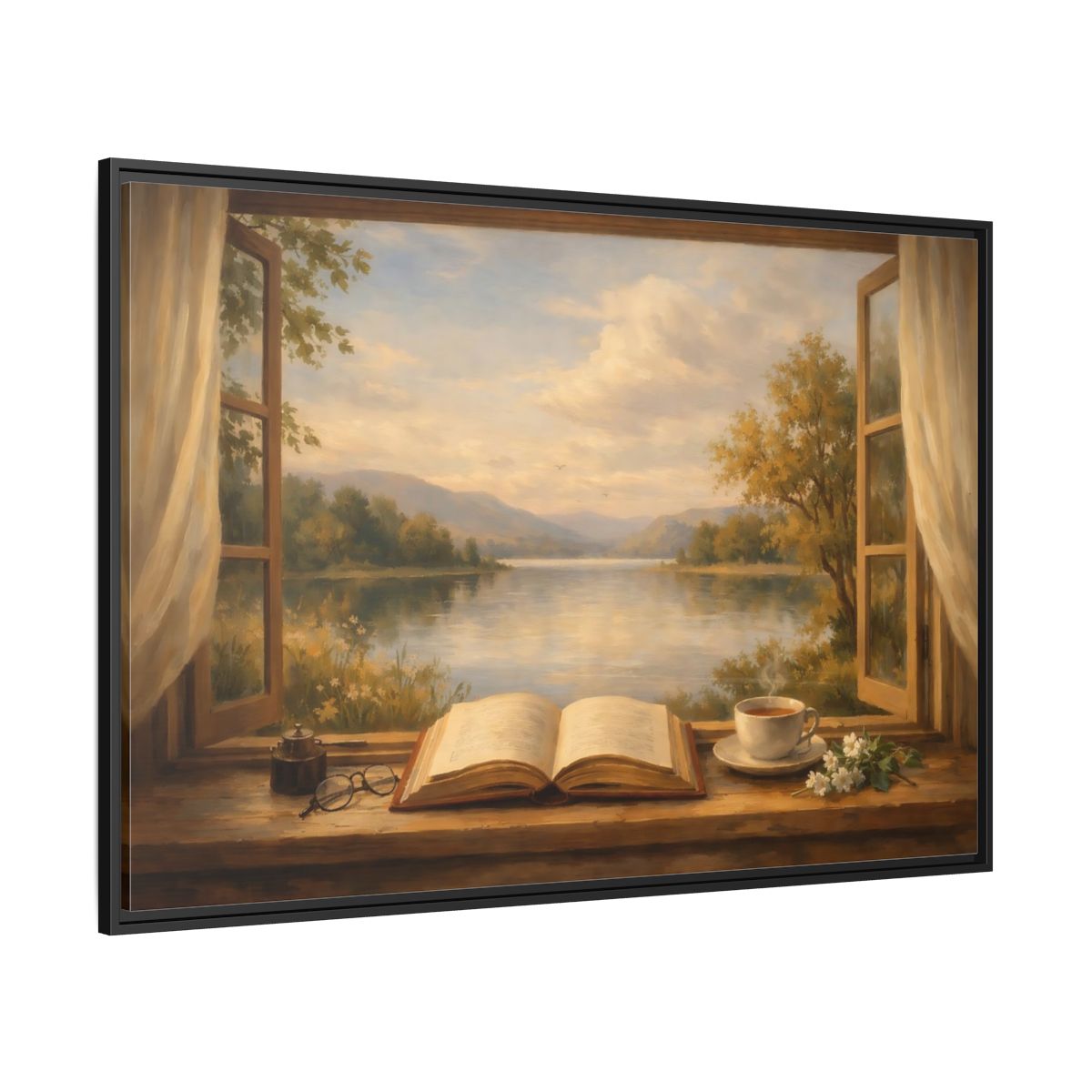 Side Mockup 12. Nature Window View Warm Lakeside shown as stretched canvas wall art