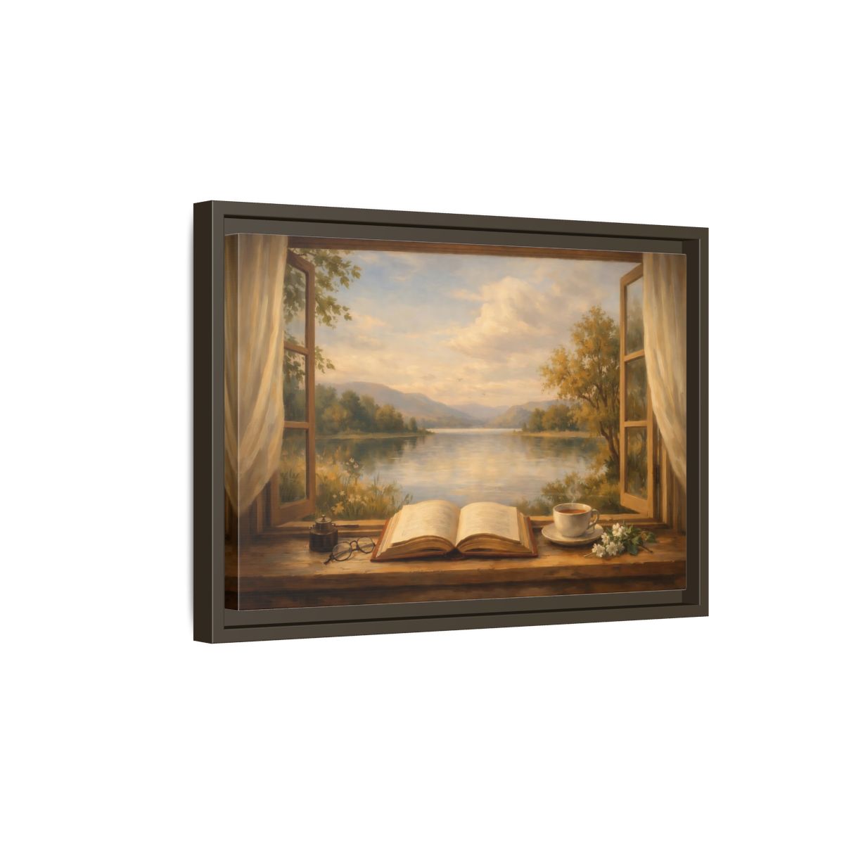 Side Mockup 5. Nature Window View Warm Lakeside shown as stretched canvas wall art
