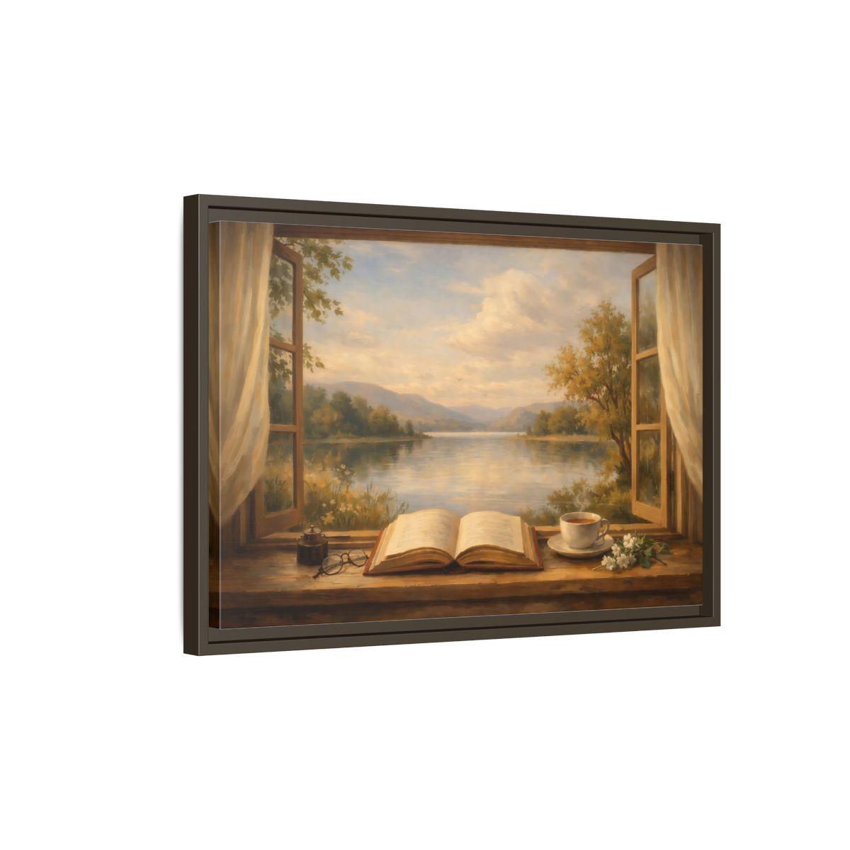 Side Mockup 2. Nature Window View Warm Lakeside shown as stretched canvas wall art