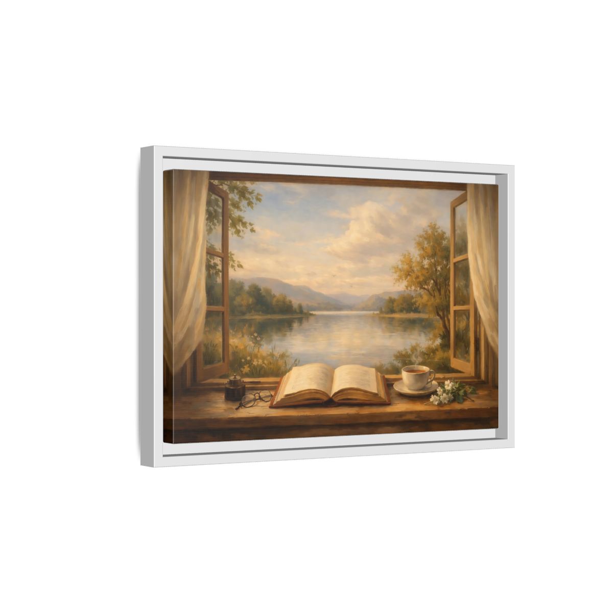 Side Mockup 4. Nature Window View Warm Lakeside shown as stretched canvas wall art