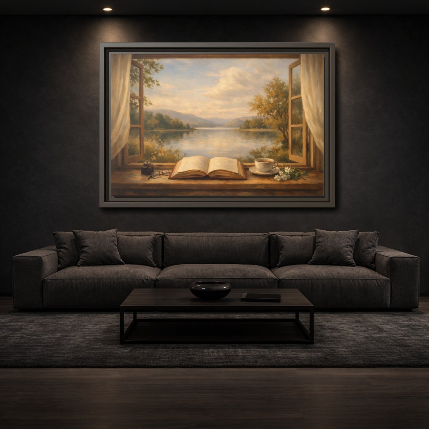 Mockup 2. Nature Window View Warm Lakeside shown as stretched canvas wall art