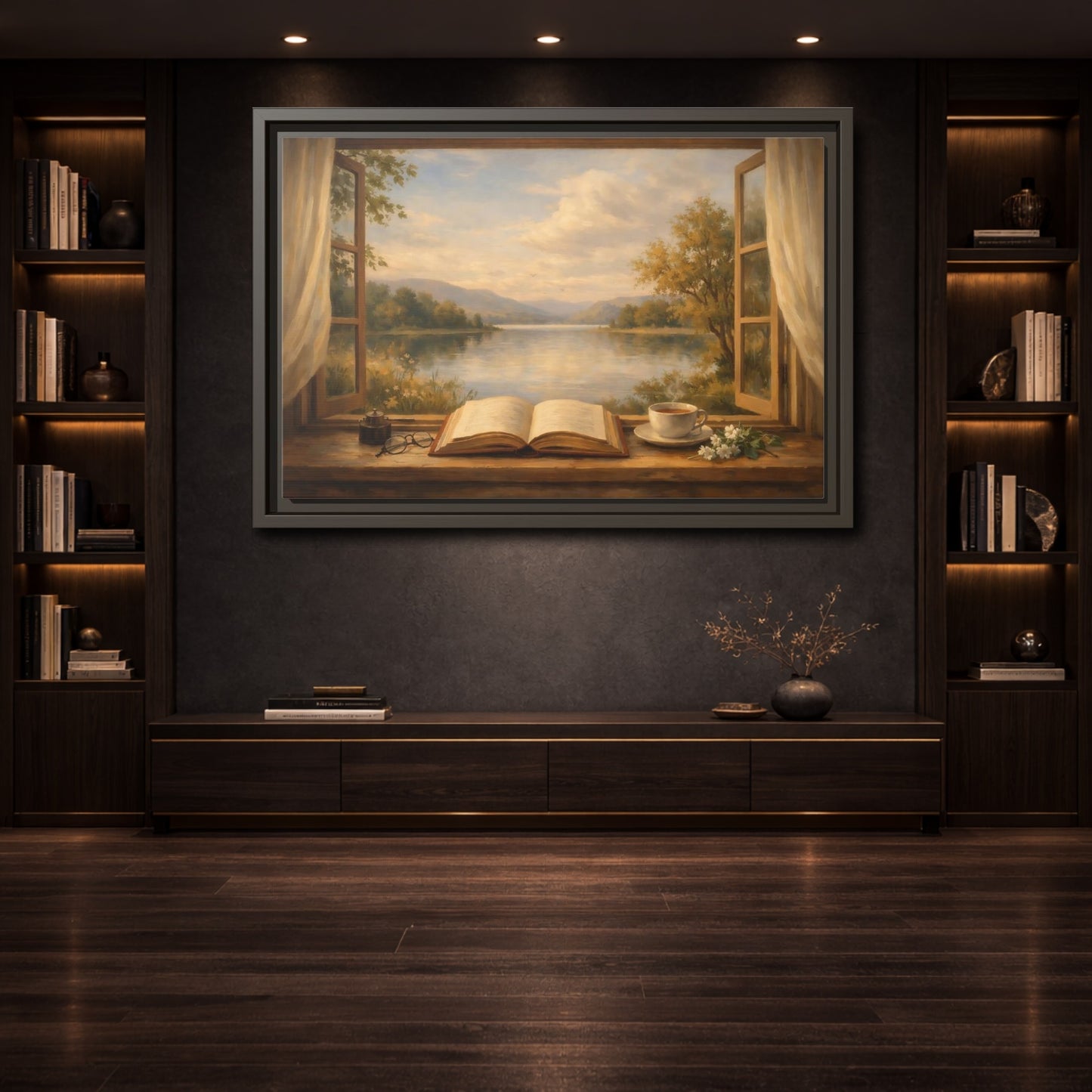 Mockup 3. Nature Window View Warm Lakeside shown as stretched canvas wall art
