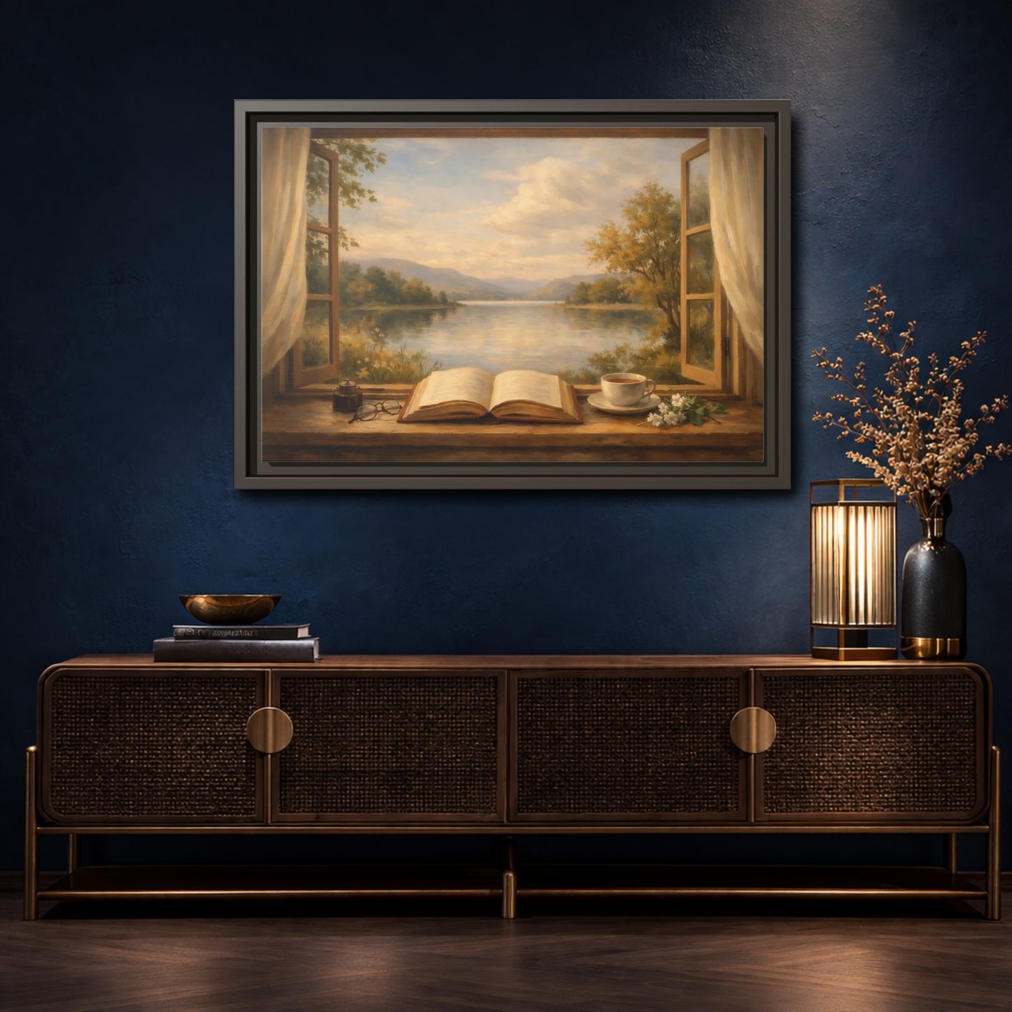 Mockup 4. Nature Window View Warm Lakeside shown as stretched canvas wall art