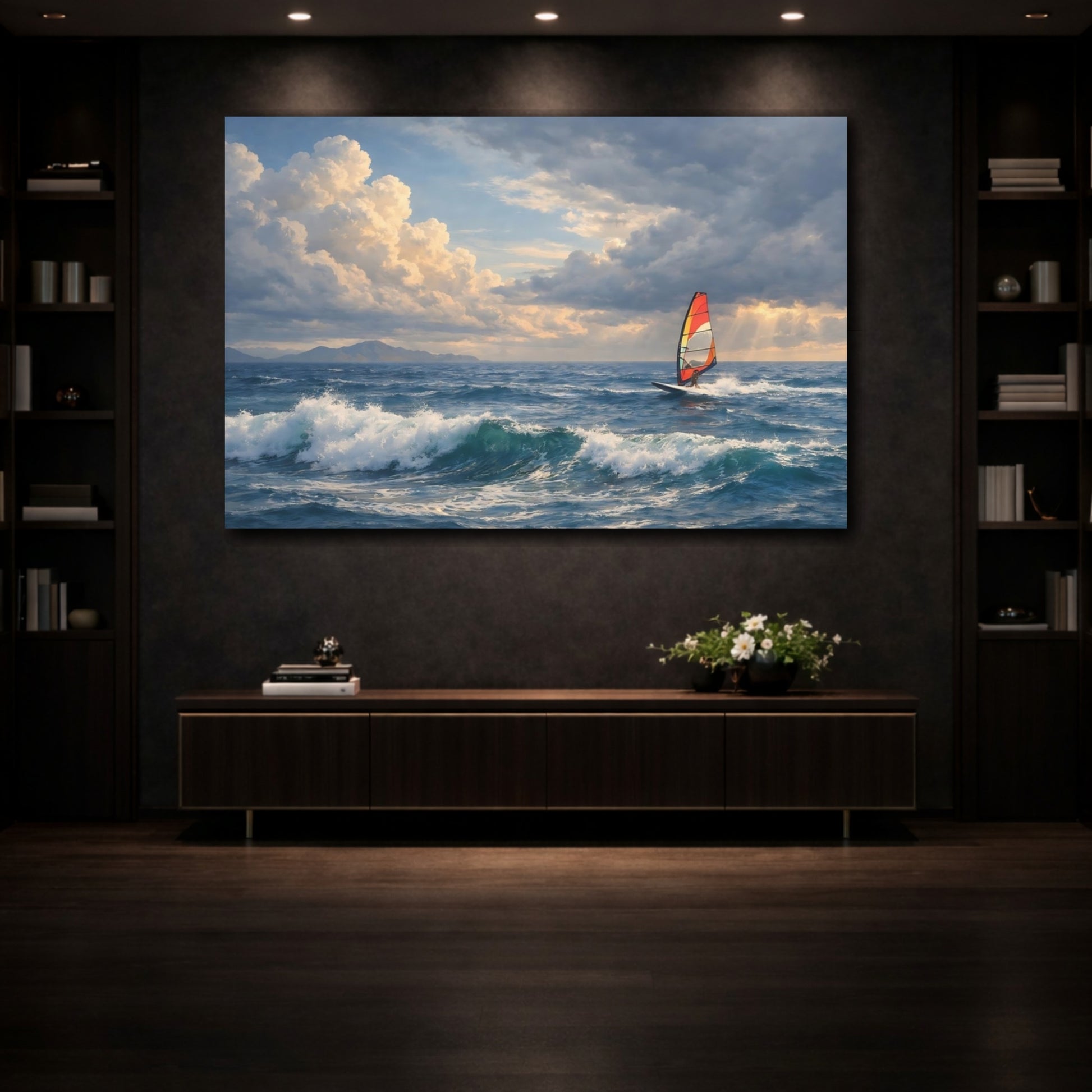 Mockup 3. Nature Windsurfing Blue Ocean Windsurfing shown as stretched canvas wall art