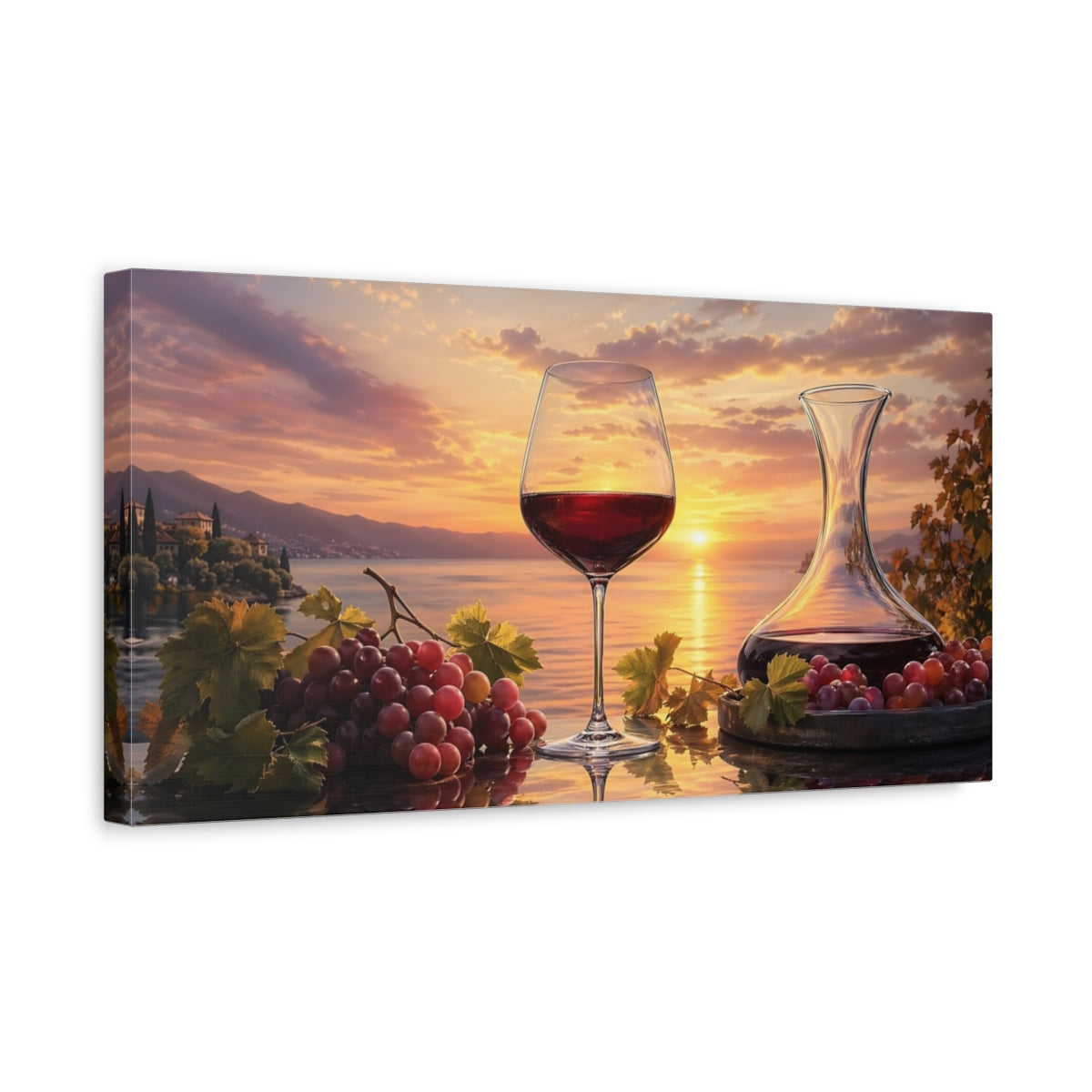 Side Mockup 3. Nature Wine And Grapes Wine Sunset shown as stretched canvas wall art