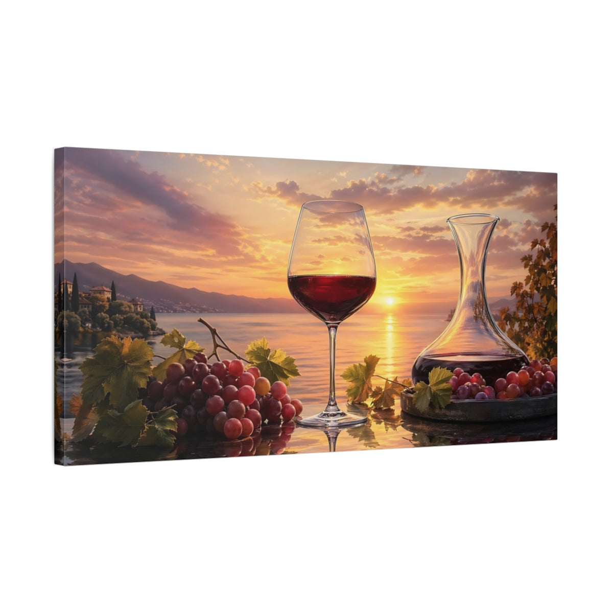 Side Mockup 1. Nature Wine And Grapes Wine Sunset shown as stretched canvas wall art
