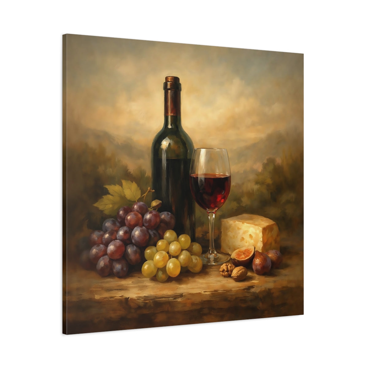 Main Mockup. Nature Wine And Grapes Wine Still Life shown as stretched canvas wall art