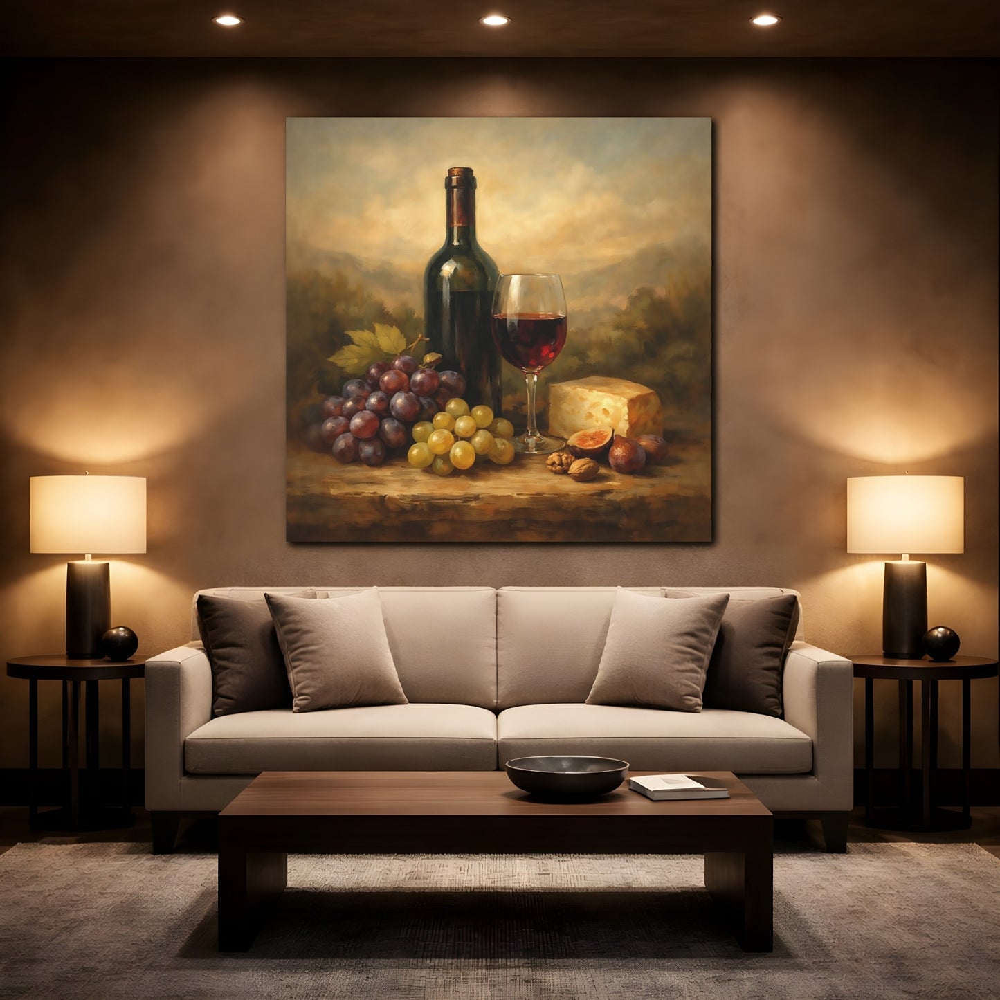 Mockup 2. Nature Wine And Grapes Wine Still Life shown as stretched canvas wall art