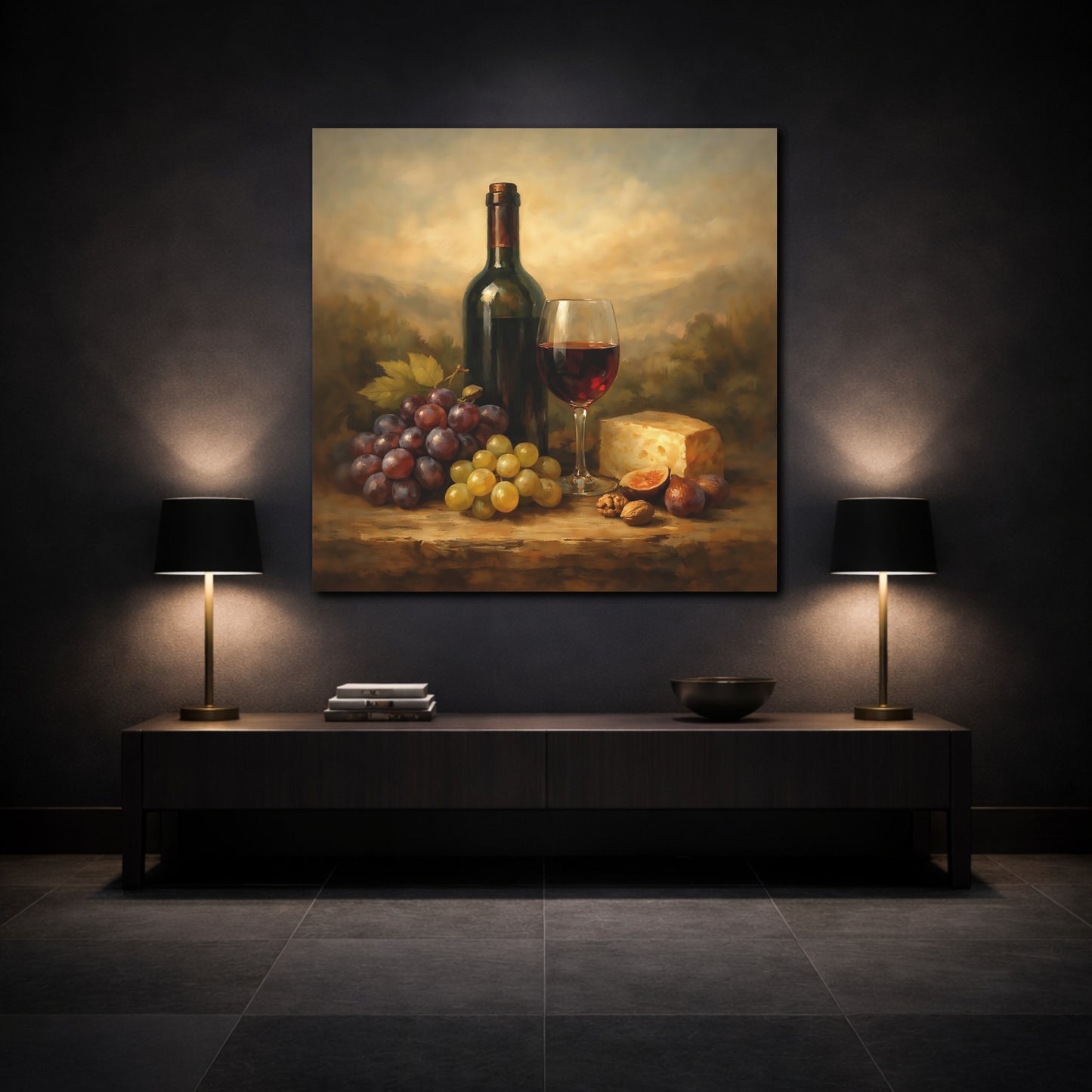 Mockup 3. Nature Wine And Grapes Wine Still Life shown as stretched canvas wall art