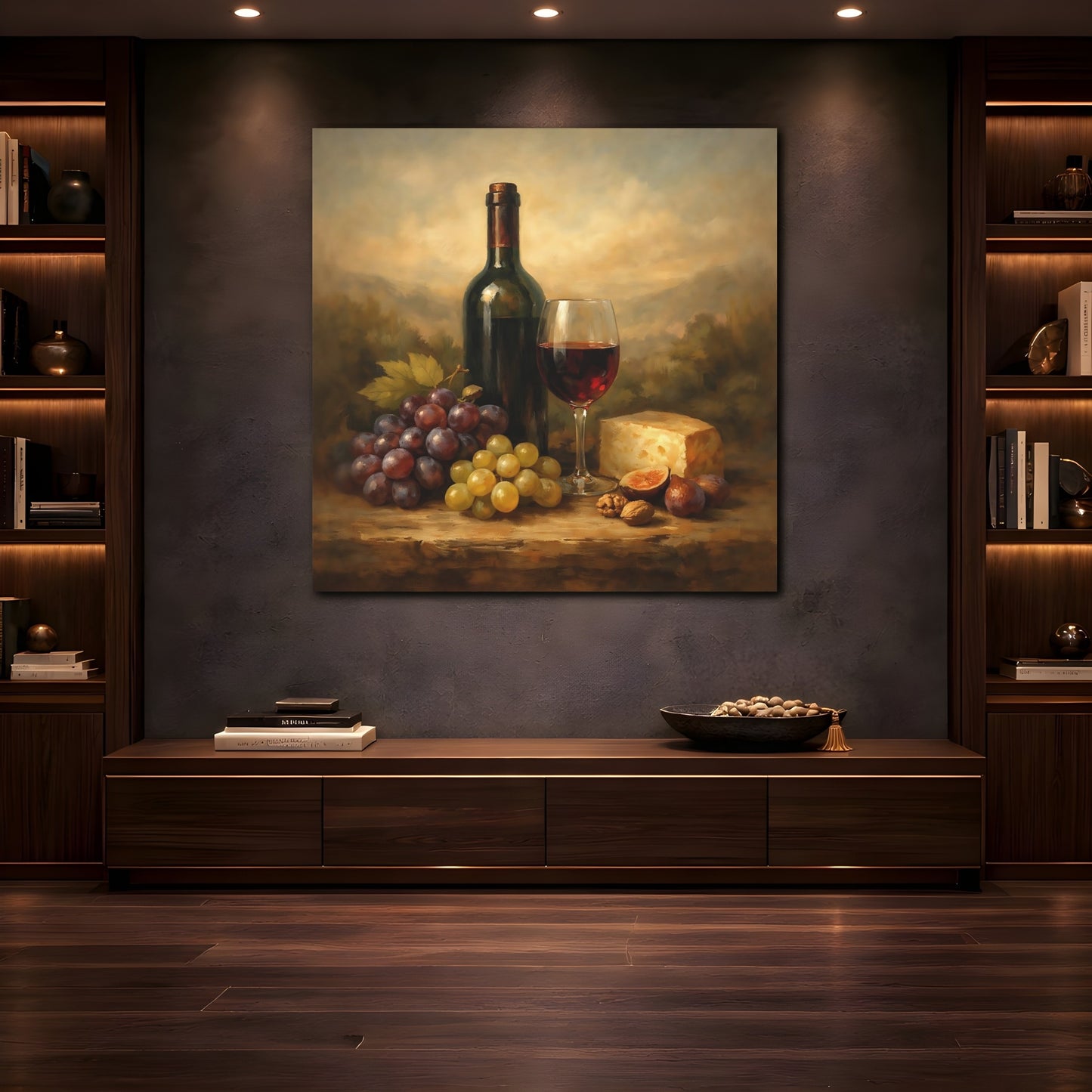 Mockup 4. Nature Wine And Grapes Wine Still Life shown as stretched canvas wall art