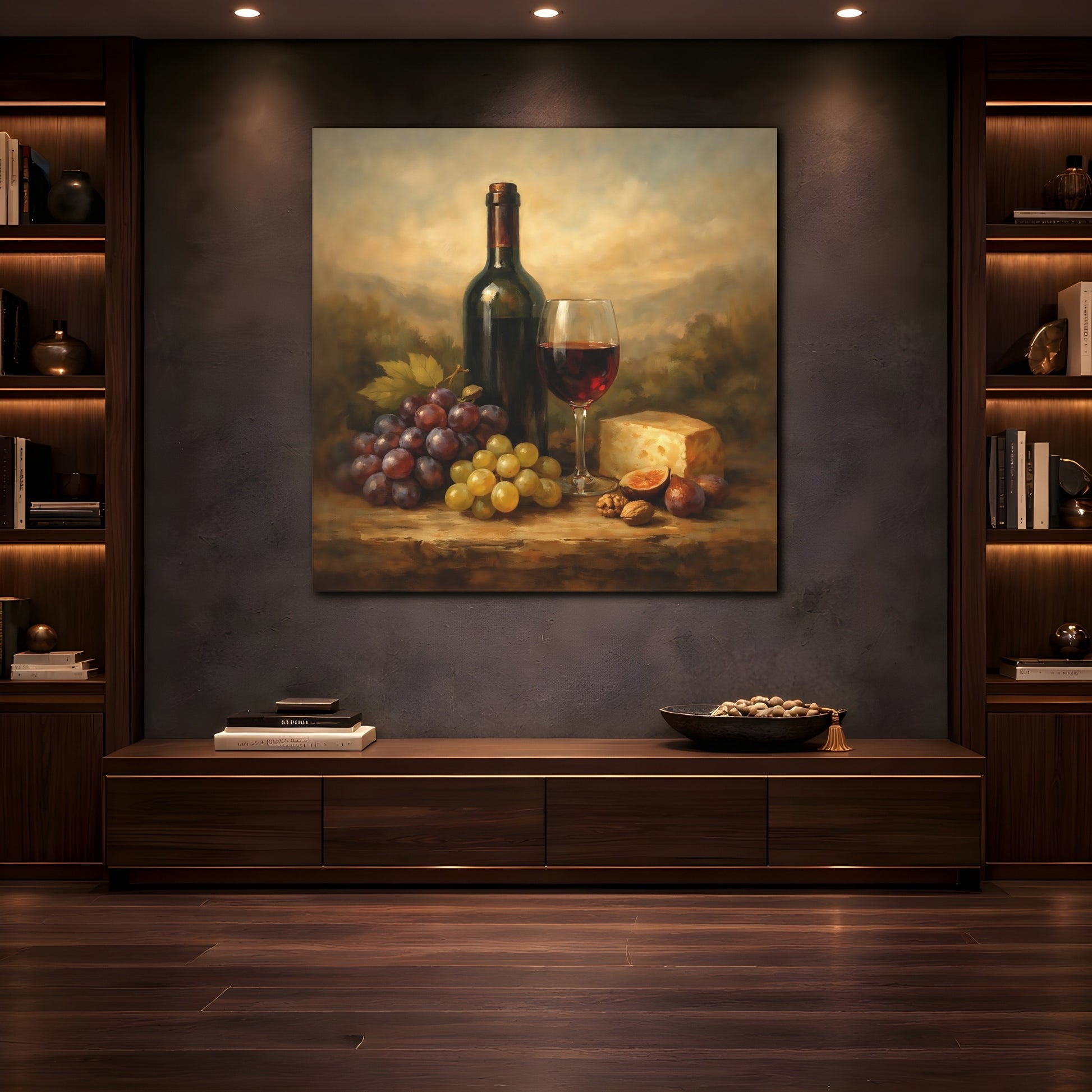 Mockup 4. Nature Wine And Grapes Wine Still Life shown as stretched canvas wall art