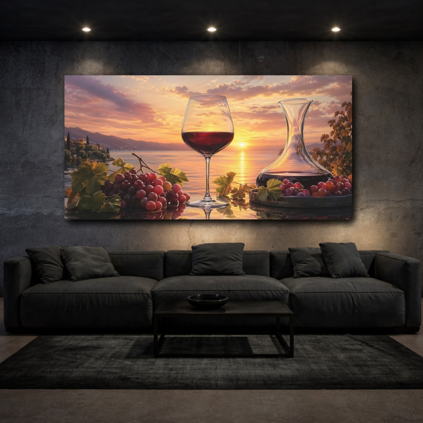 Mockup 2. Nature Wine And Grapes Wine Sunset shown as stretched canvas wall art