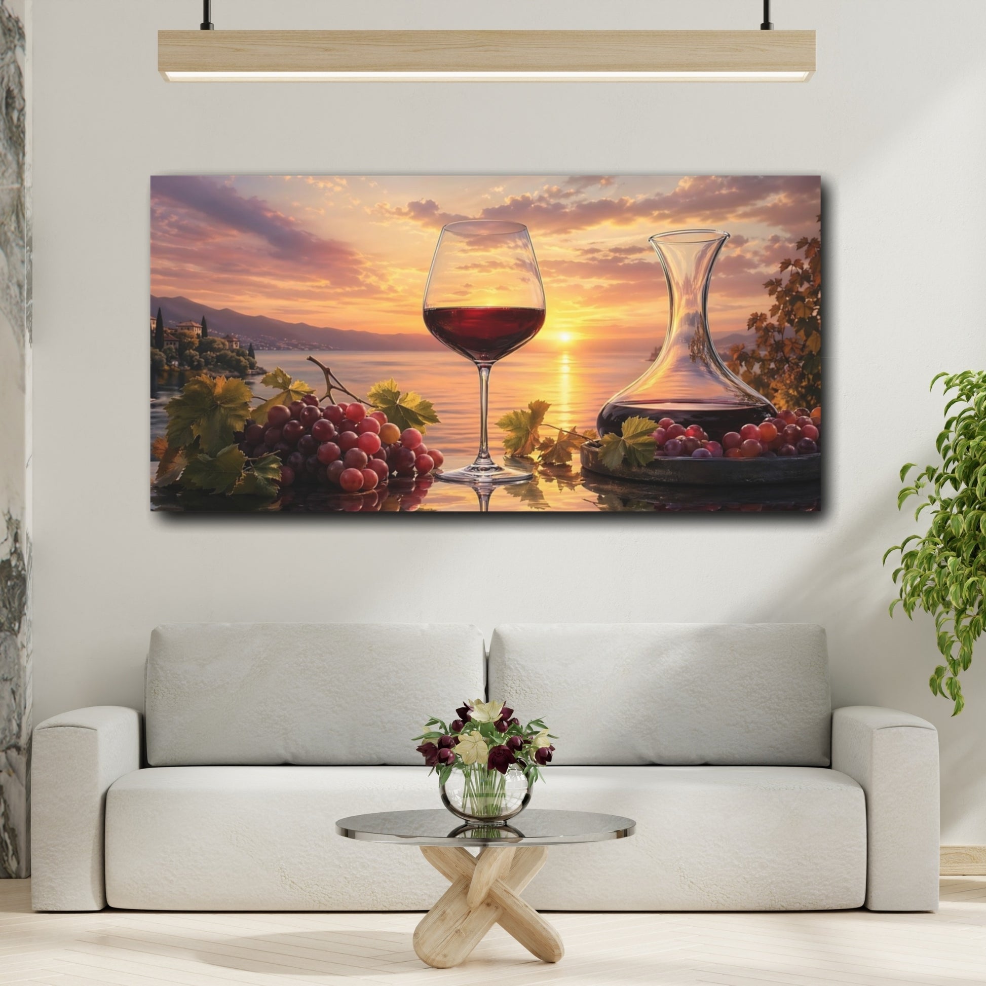 Mockup 3. Nature Wine And Grapes Wine Sunset shown as stretched canvas wall art