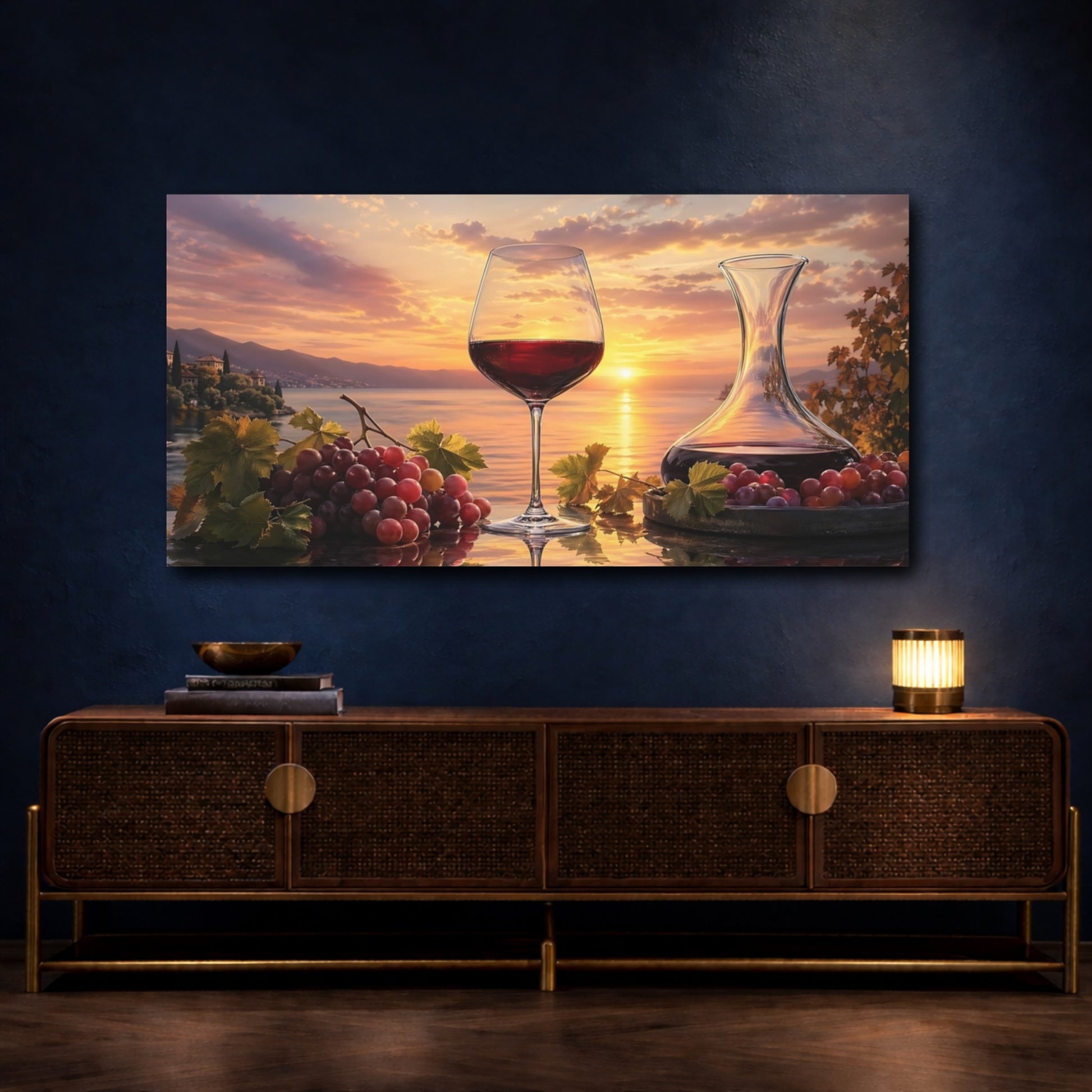Mockup 4. Nature Wine And Grapes Wine Sunset shown as stretched canvas wall art