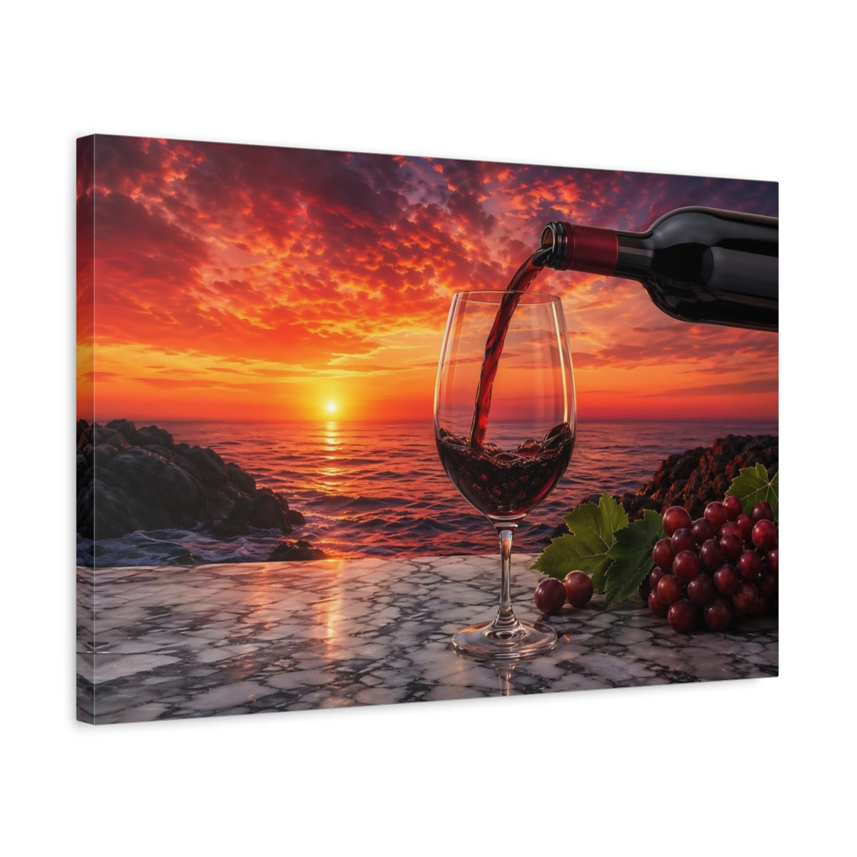 Side Mockup 3. Nature Wine Glass Red Wine Sunset shown as stretched canvas wall art
