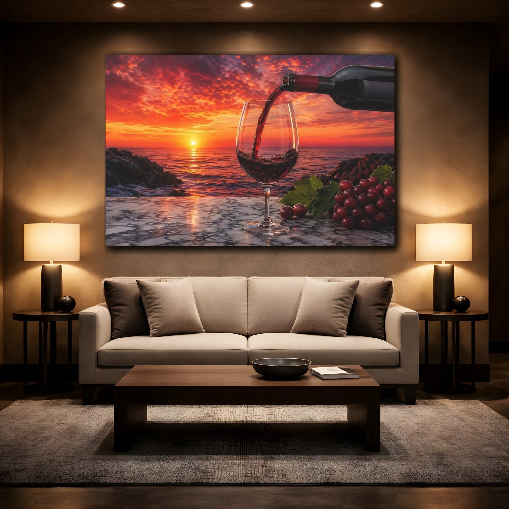 Mockup 2. Nature Wine Glass Red Wine Sunset shown as stretched canvas wall art
