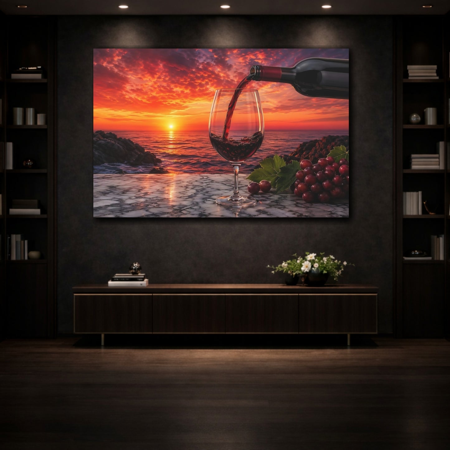 Mockup 3. Nature Wine Glass Red Wine Sunset shown as stretched canvas wall art